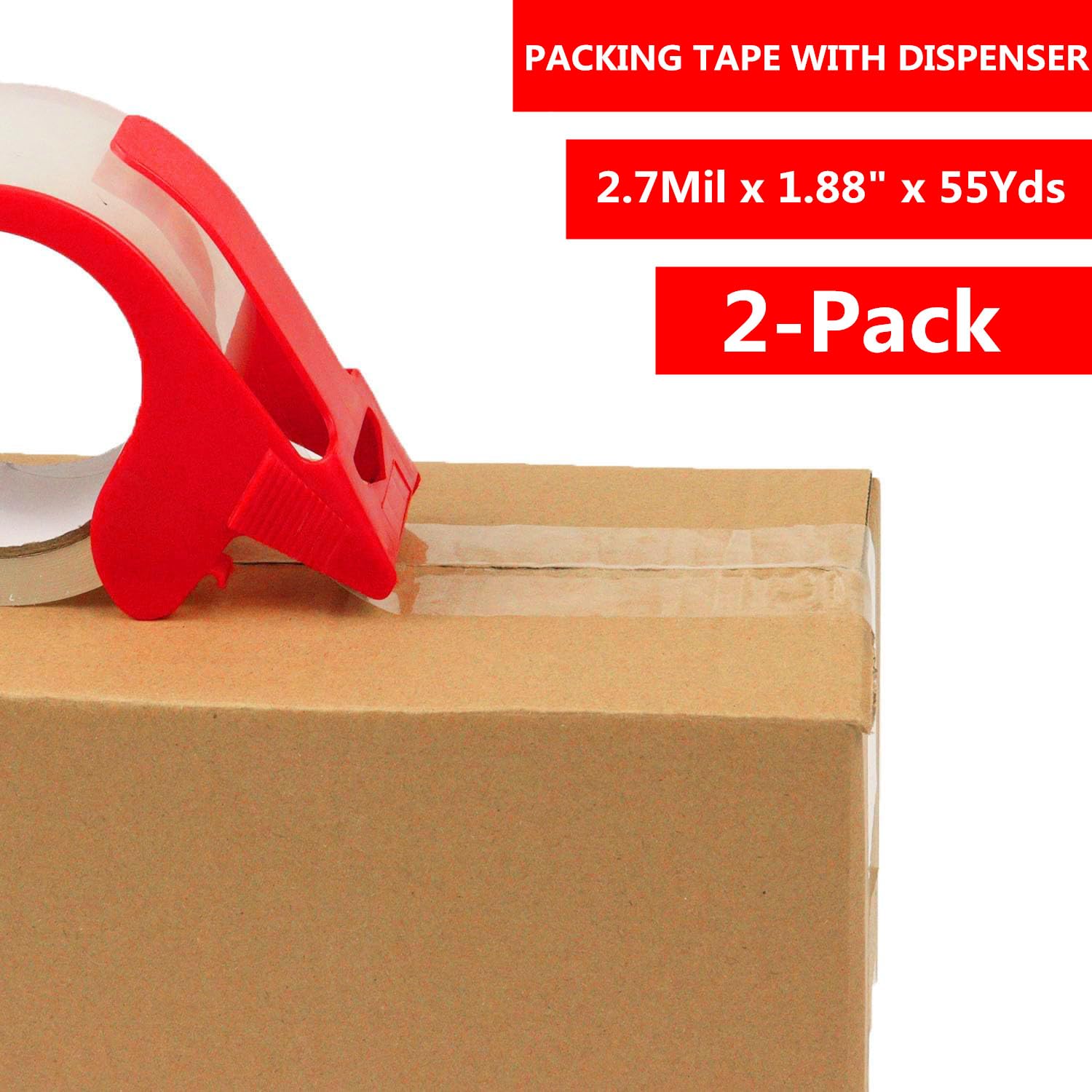 Confezione da 2 nastri da imballaggio trasparenti con dispenser, 2,7 mil x 4,8 cm x 55 Y, nastro adesivo resistente per imballaggio per scatole per traslochi.