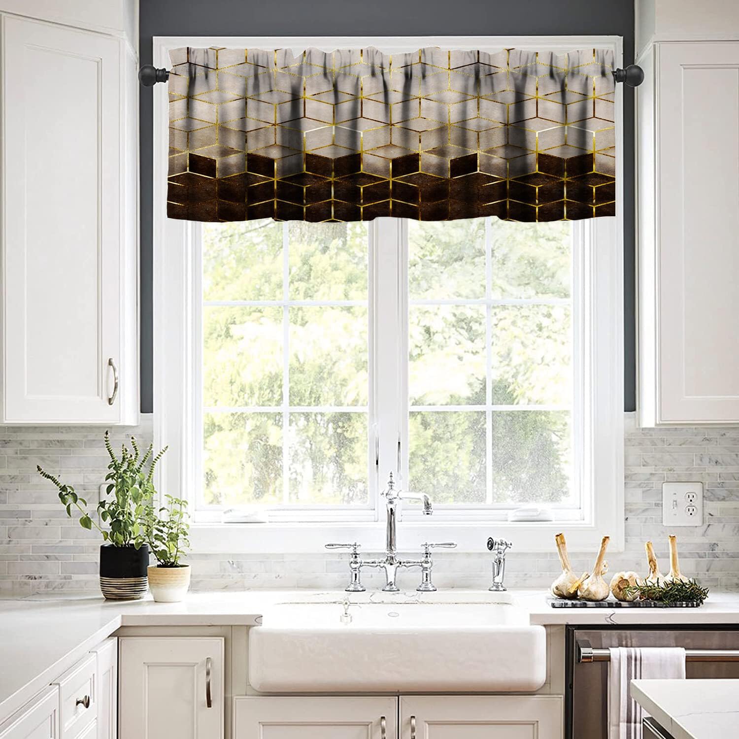 Coffee Kitchen Curtains Sets, Cafe Coffee Theme Valance for Kitchen Windows, Tea Party Coffee Bean Print Small Short Curtains Window Treatments Valance Sets for Kitchen Cafe, 54x36 Inch, 3 Piece