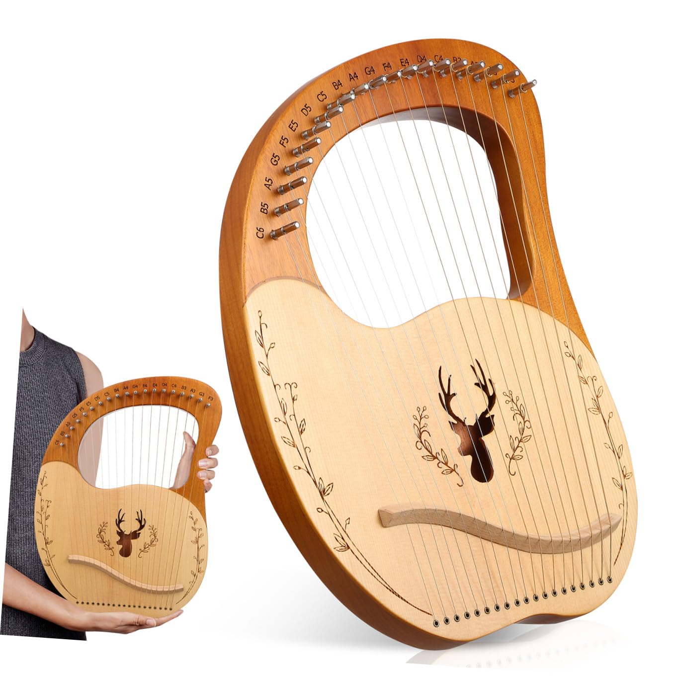 VICASKY Set di Lira Strumento Musicale con 19 Corde in Metallo, Accordatura Regolabile, Custodia in Poliestere e Chiave di Accordatura per Principianti, Legno con Bordi Arrotondati