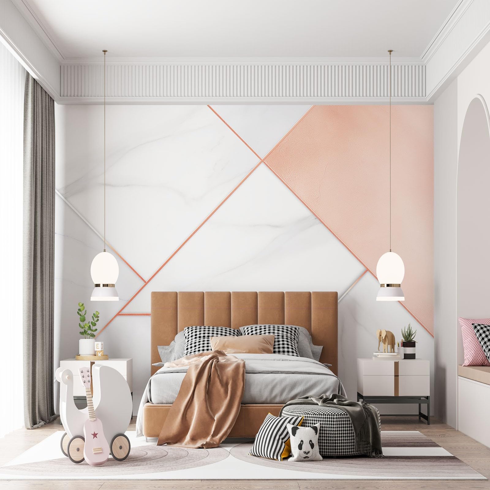 Panoramiczna tapeta mural, 400 x 280 cm (szer. x wys.), plakat ścienny, biały, geometryczny marmur, fototapeta, efekt 3D, tapeta w kolorze różowego złota, dekoracja plakatowa do sypialni, salonu,