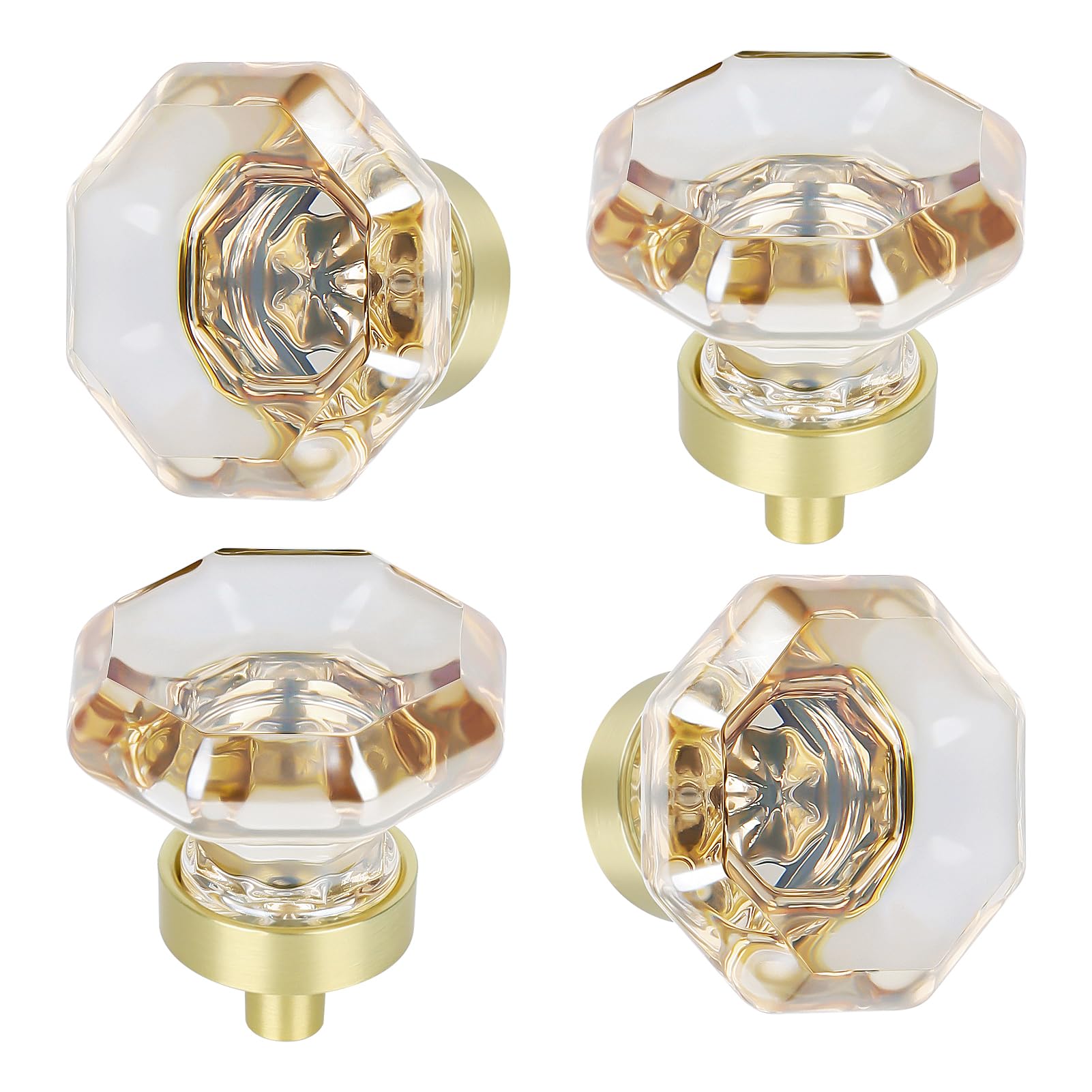 Hiemey Champagne Crystal And Satin Brass Base 4 Pack Glass Cabinet Knobs And Pulls,Octagon Champagne Crystal Knobs For Dresser Drawer With Satin Brass/Brushed Gold Base
