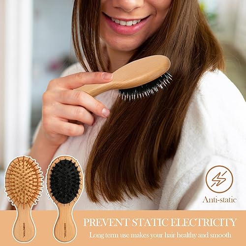 Miniatura 5 de DEBETOOL Paquete de 2 mini cepillos de pelo para mujereshombresniños pequeños, cepillo de viaje de madera, cepillo desenredante de bolsillo para