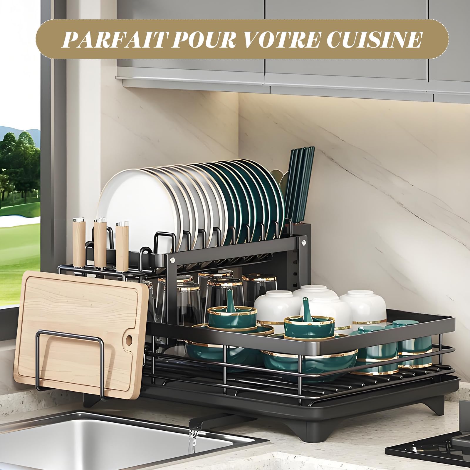 ZYNERY Grande Capacité Égouttoir à Vaisselle Noir, Egouttoir Vaisselle 2 Niveaux avec Plateau d'égouttage, Drainage Automatique Rangement Vaisselle Cuisine pour Comptoir de Cuisine