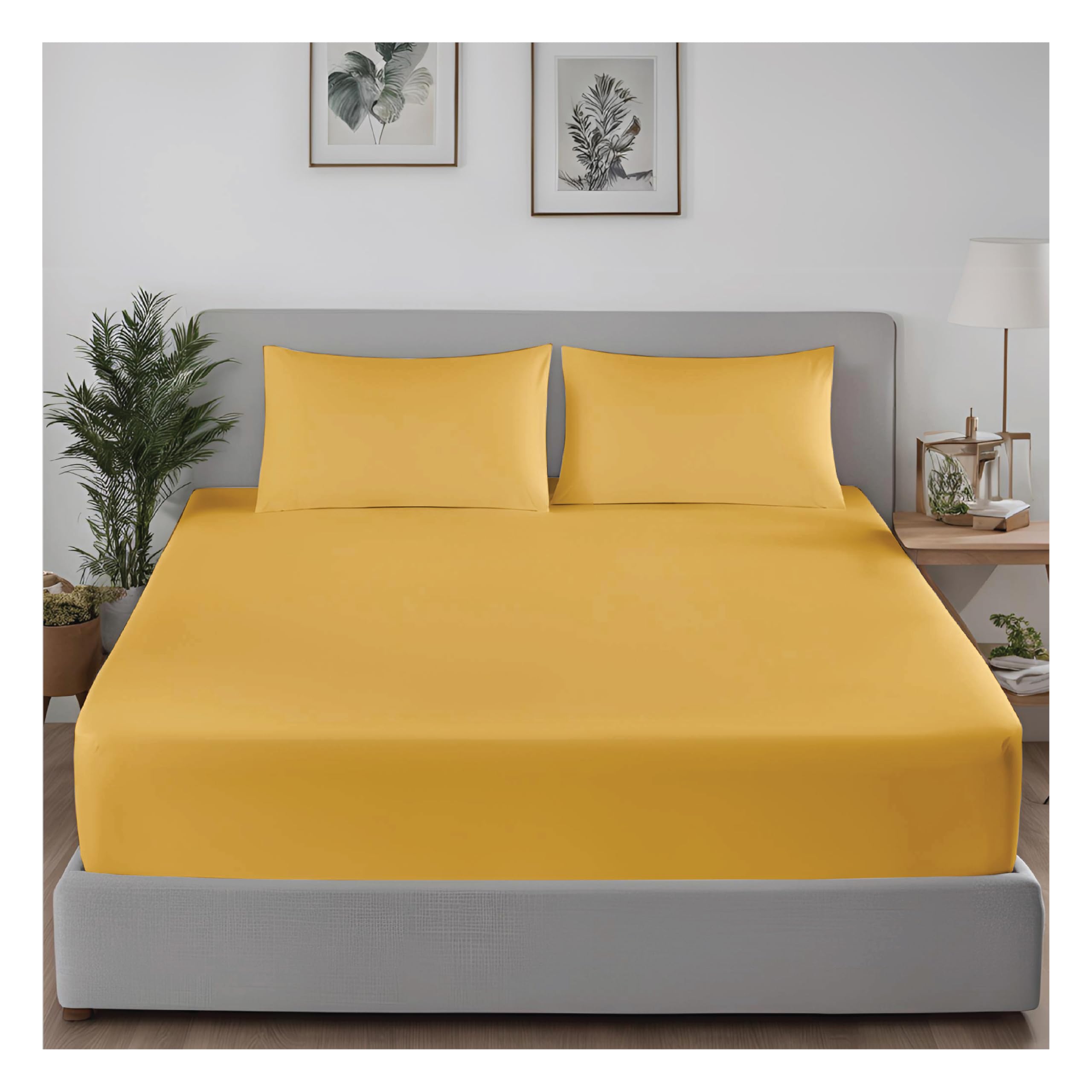 J.Din Super King Fitted Sheet Ochre Yellow Bottom Bed Sheets Soft Brushed Microfiber 30cm Deep Corner Shrinkage and Fade Resistant Easy Care 183x200cm