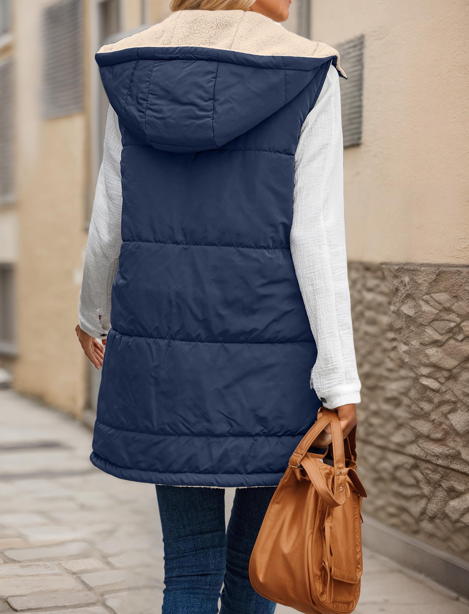 Maeau - Manteau Sans Manches Femmes à Capuche Mi-Long Chaud Veste Réversible Polaire avec Poches S-3XL