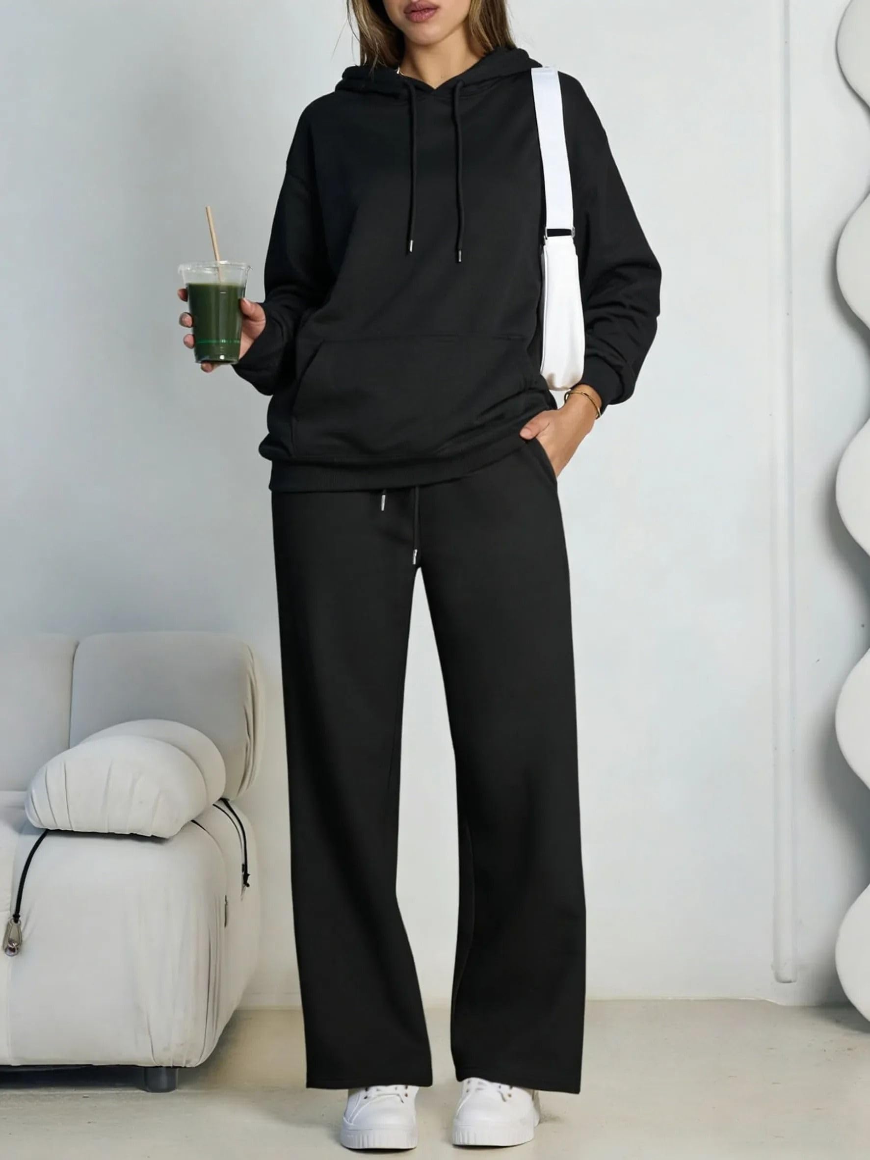 Ensemble 2 pièces sweat à capuche pour femme, sweat et pantalon large décontracté