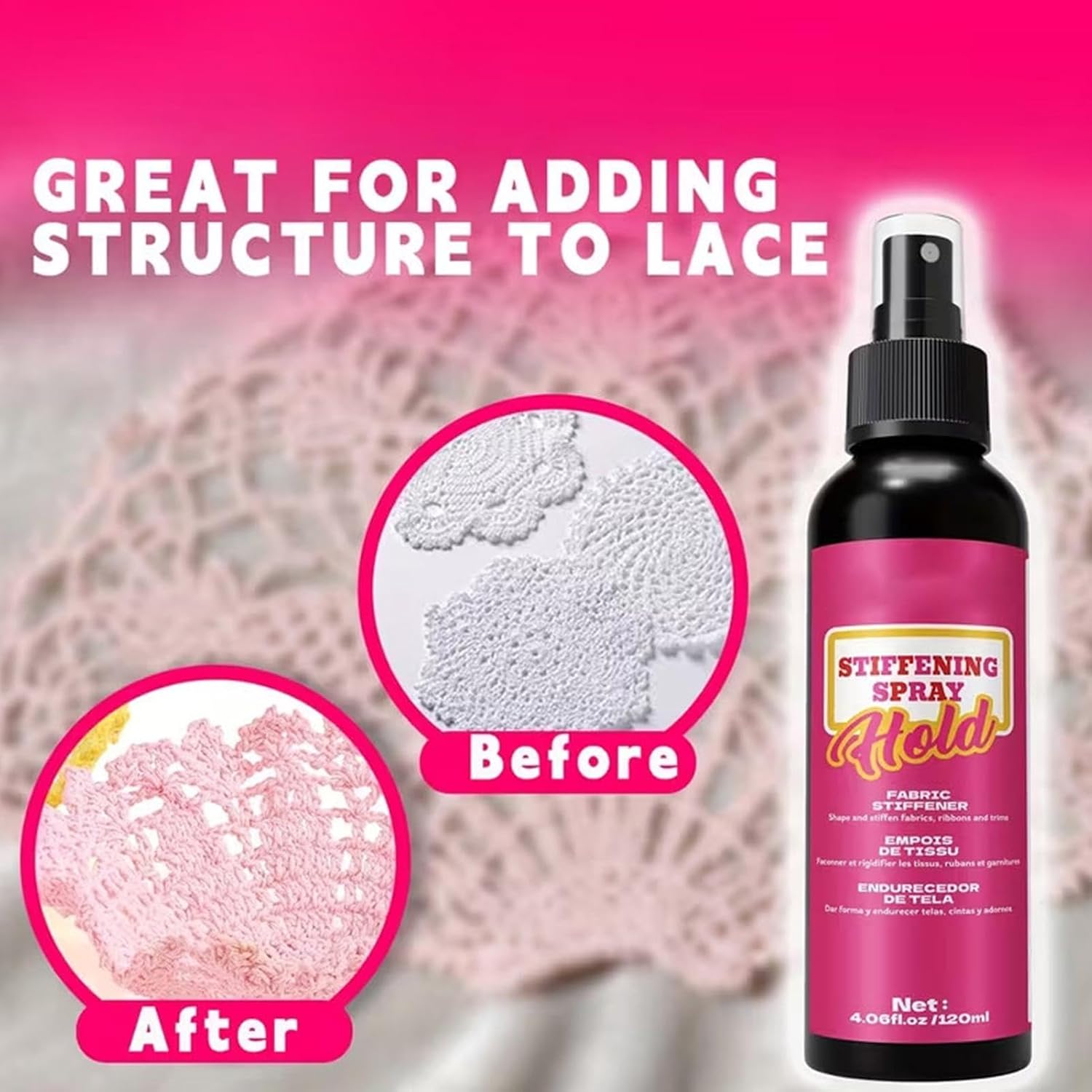 Fabric Stiffening Spray - Quick Drying Fabric Hardener, 120ml Long Lasting Shaping Solution with Strong Hold Effect, Textile Stiffening Spray for Crochet Hats Wool Felt Bags Craft Projects Home Use