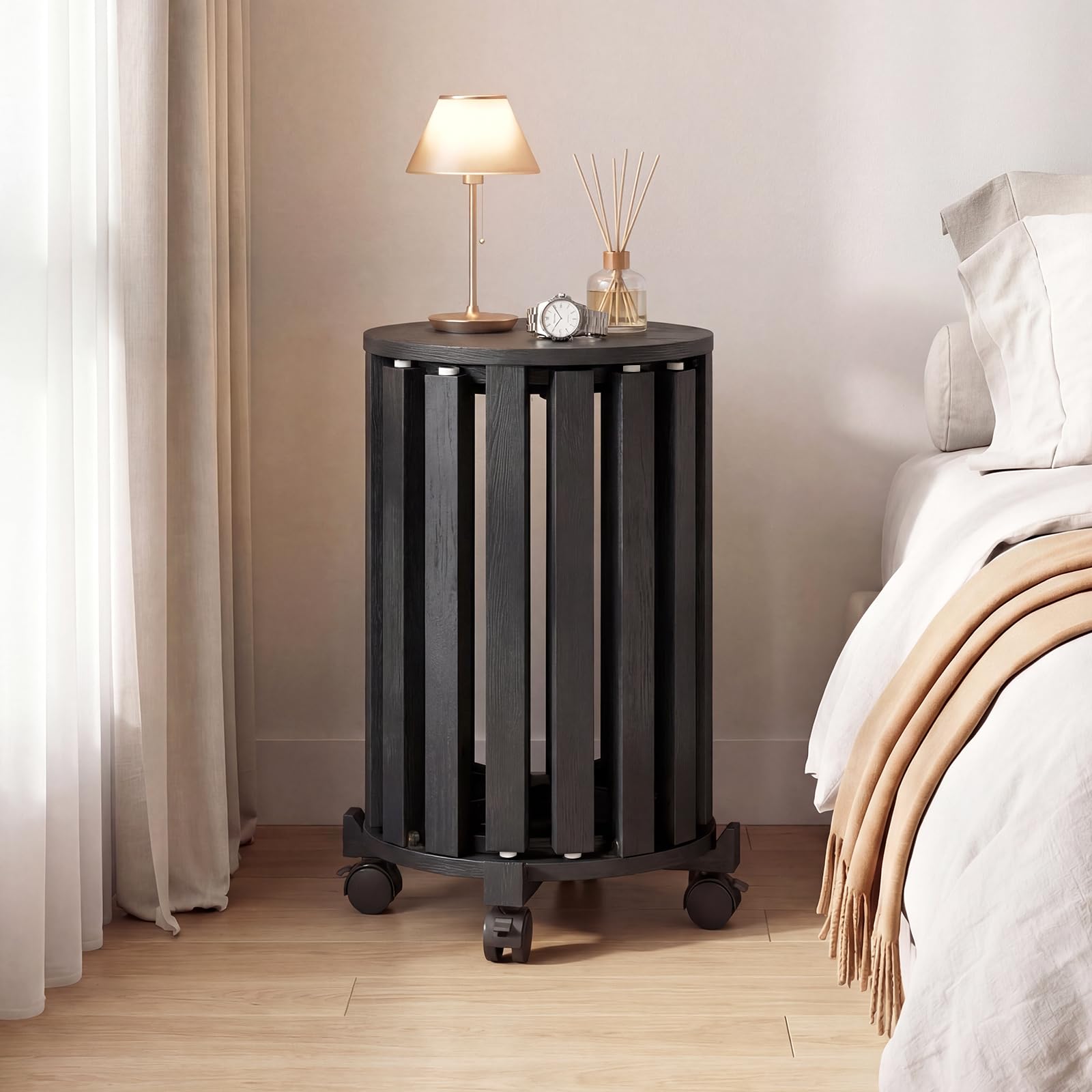 COSTWAY 4er Set Esszimmerhocker stapelbar, Stapelhocker mit Massivholzbeine & Rollenbasis, platzsparende holzstapelhocker, Holzhocker rund für Klassenzimmer, Küche, Wohnzimmer (Schwarz)