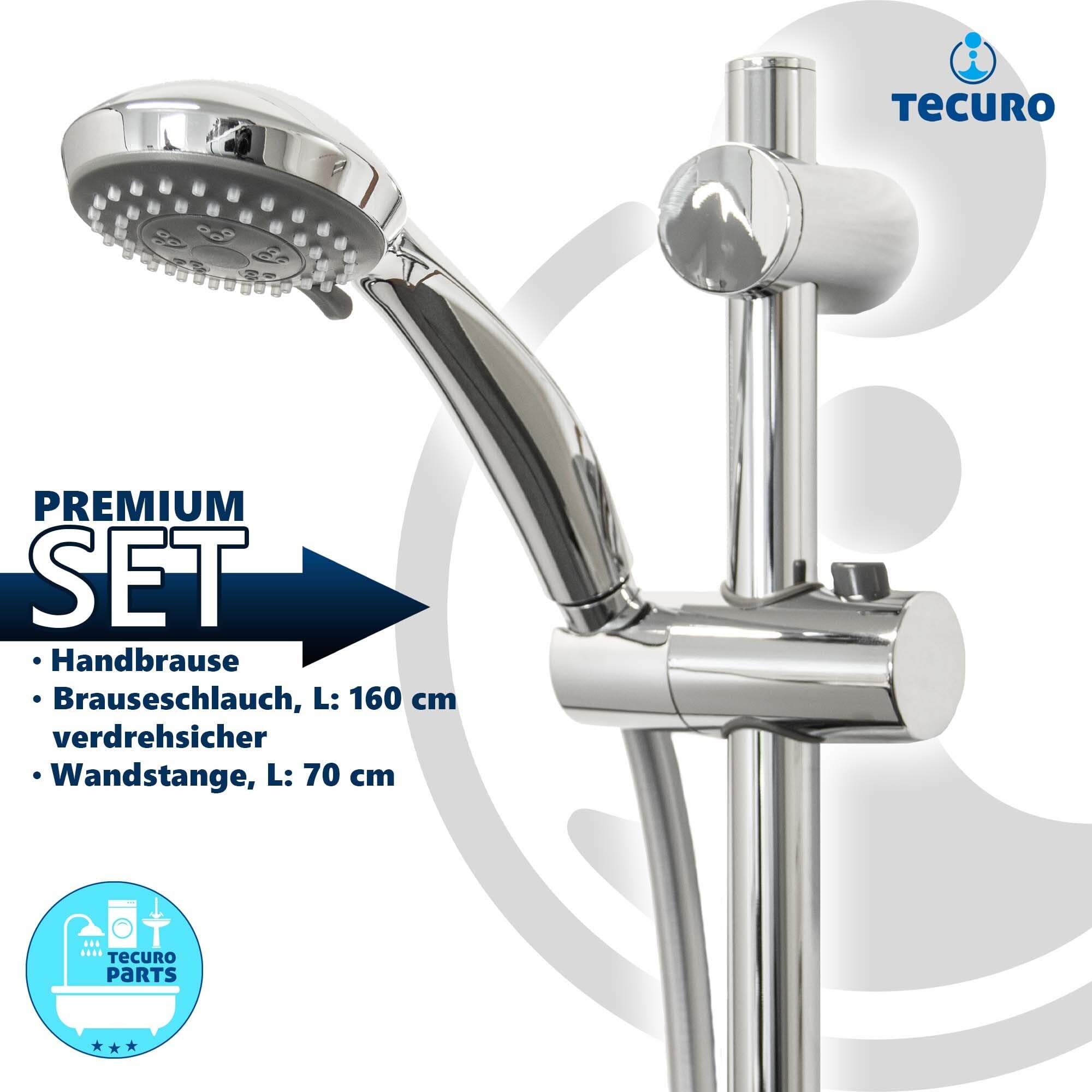 tecuro Zestaw prysznicowy Komfort-70 – z 3 funkcjami, słuchawka prysznicowa, wąż prysznicowy 160 cm, drążek ścienny 70 cm