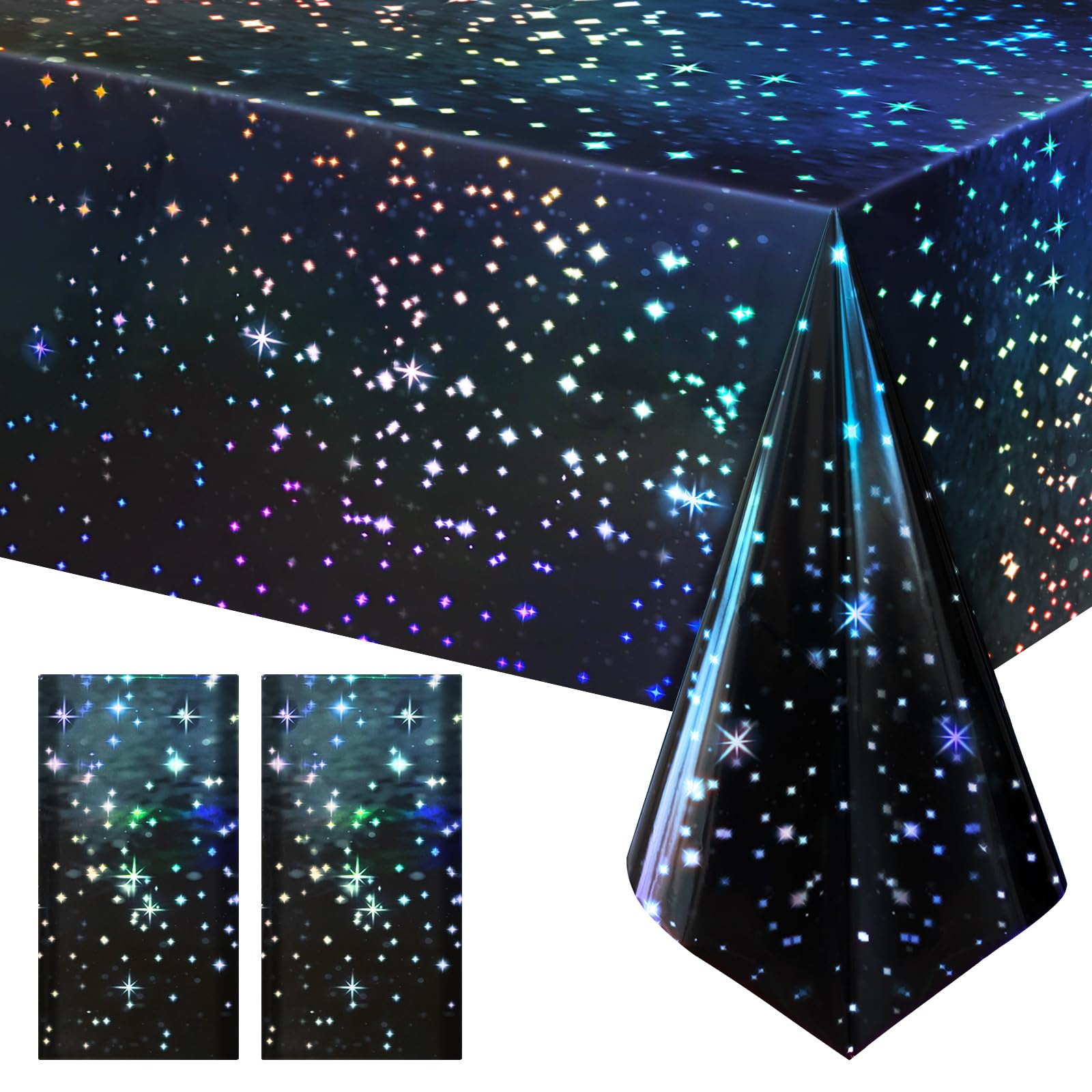 2 Pack Iridescent Galaxy Tablecloth, 54'' x 108'' Color-Shifting Space Table Cover with Reflective Stars, Disposable Plastic, Waterproof & Durable for Starry Night, Birthday, and Party Décor-image-9