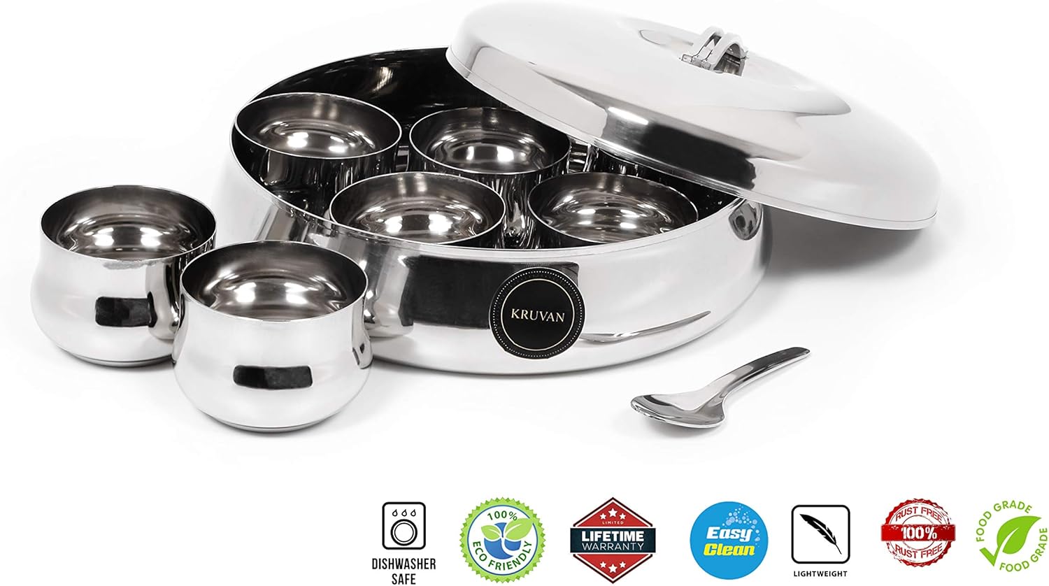 Stainless Steel Smart Kitchen Masala Dabba/Spice-box/Organiser/masala-dani with 7 Containers and Spoon, Lid with Handle (Small, Silver)