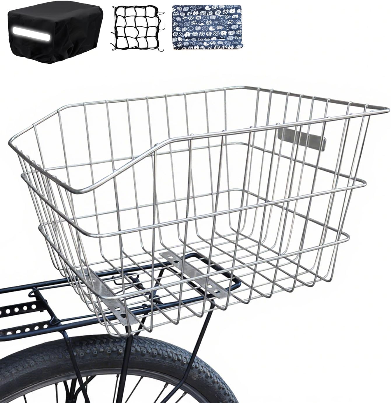 Large Stainless Steel Bike Basket Rear, Tool-Free Install, Bicycle Back Pet Dog Carrier, Silver, 17in(L) x13in(W) x9.8in(H), with Waterproof Cover, Cargo Net