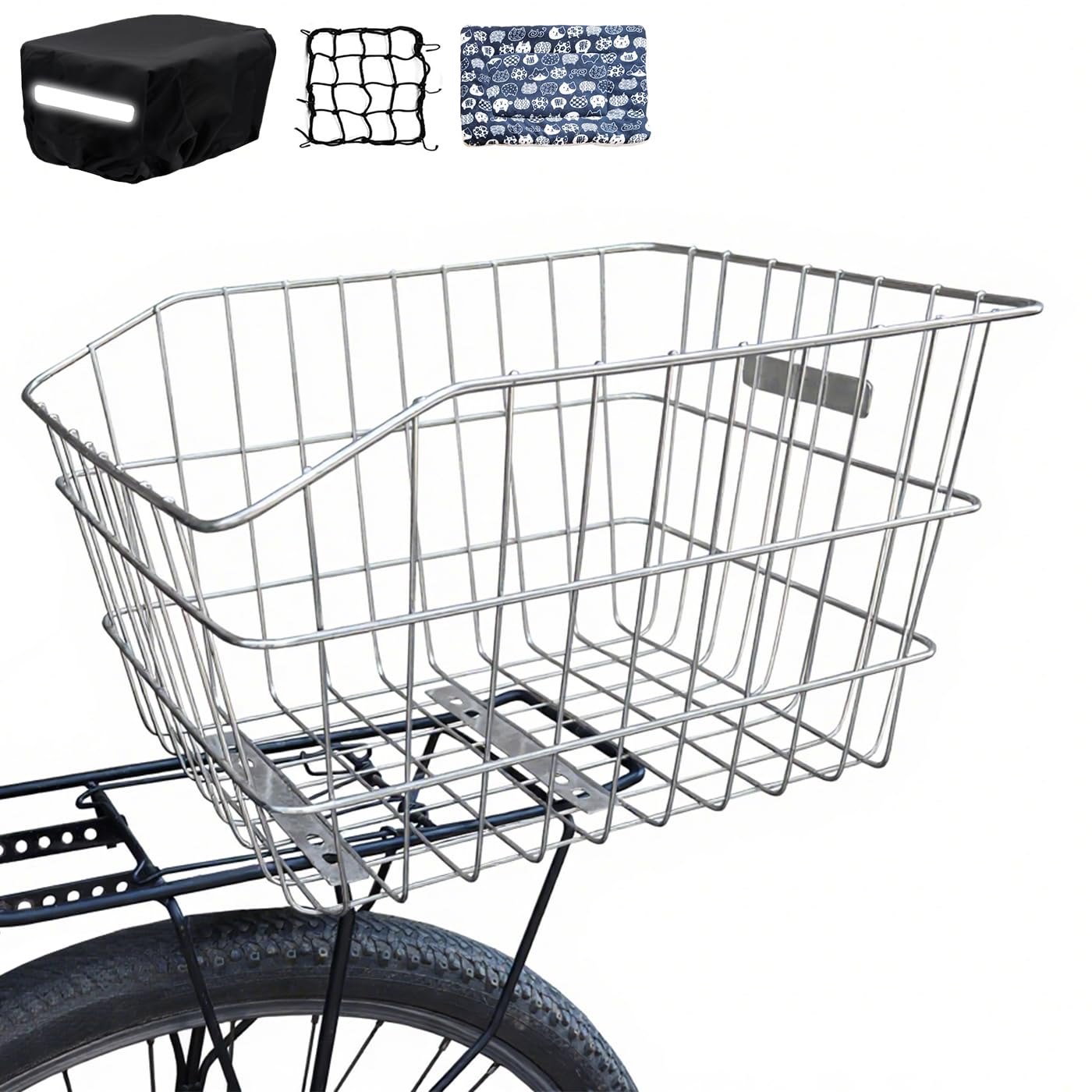 MATTISAM Large Stainless Steel Bike Basket Rear, Tool-Free Install, Bicycle Back Pet Dog Carrier, Silver, 17in(L) x13in(W) x9.8in(H), with Waterproof