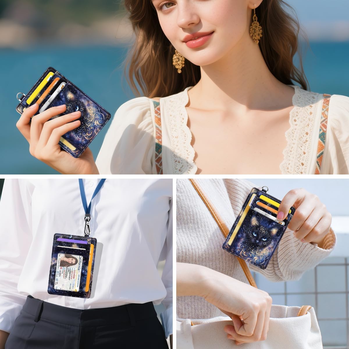 Slim Credit Card Holder Wallet Women Thin Minimalist Card Organizer Case Cute Small ID Window Girl Ladies Womens Wallets, Cool Cat - Image 5