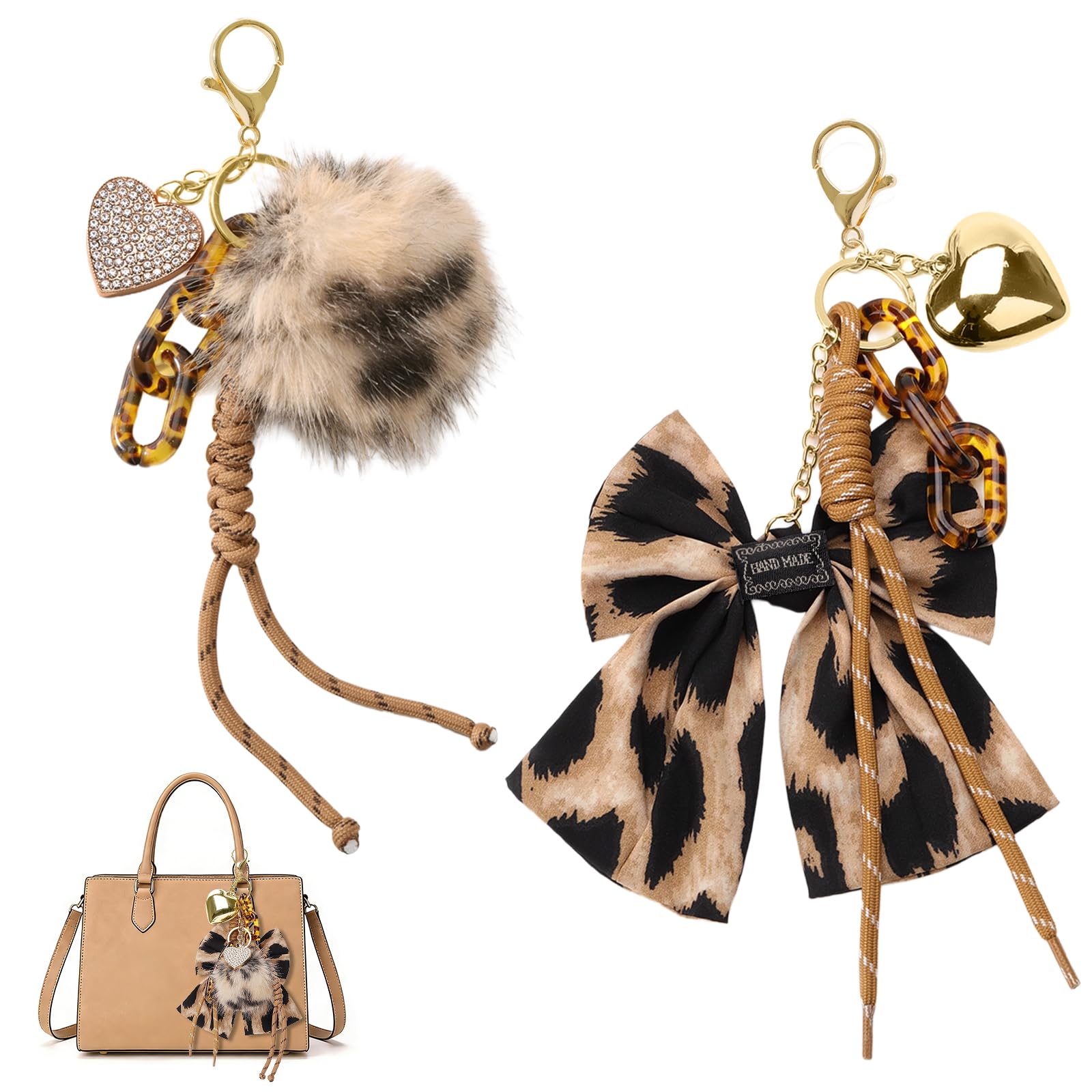 Leopard Print Bow Bag Charm Keychain, Purse Charm 2‑Pack for Women