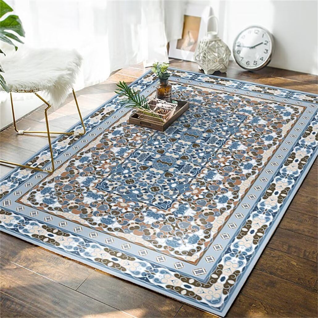 Tapis salon lavable et antidérapant grand format floral bleu 180x230