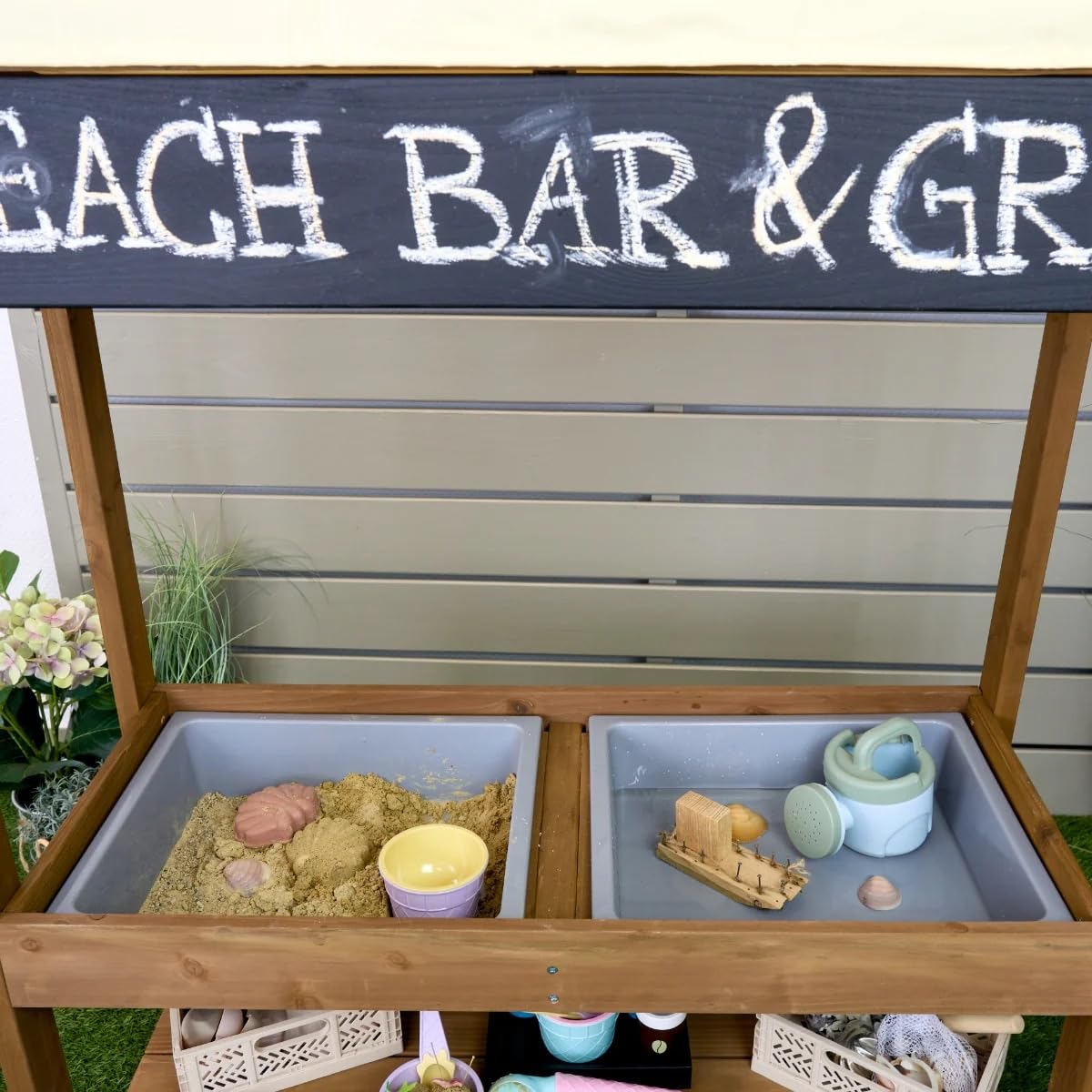 Meppi Matschküche Beach-Bar aus Holz - Outdoorküche für Kinder - Grill & Herd