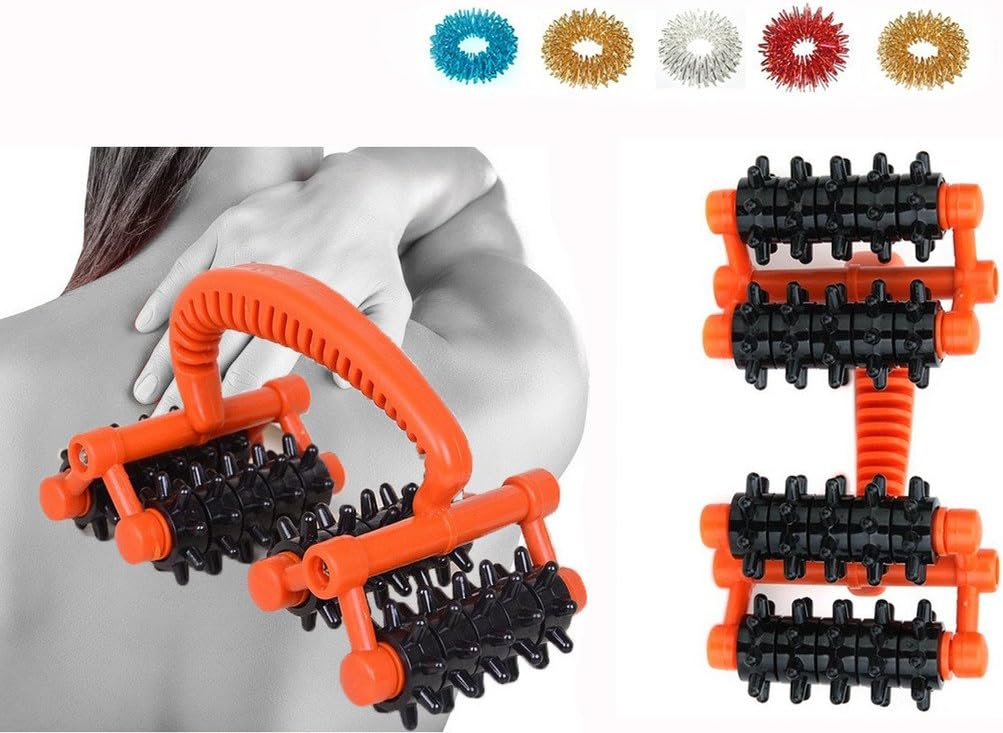 Germa Esthe Roller Acupressure 4 Car Wheels Style Hand-Held Full Body Massager Relaxation Roller + 5pcs Sujok Finger Rings L X W X H - 6.30" X 3.94" X 4.29" / 16 X 10 X 10.9 Cm Orange/Black Wheels