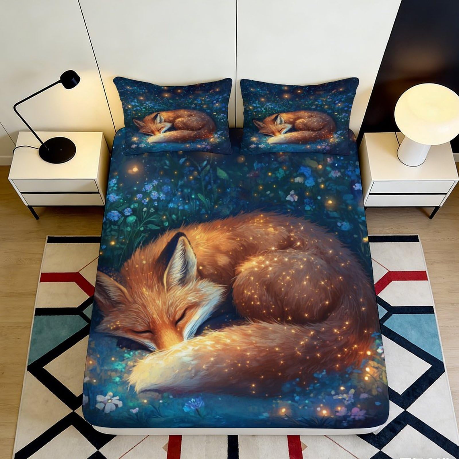 3D Printed Sleeping Fox Fitted Sheet Microfiber Soft Breathable Starry Night Bed Cover for Bedroom Dormitory Guest Room Mattress Protection Decor 160x200x25cm