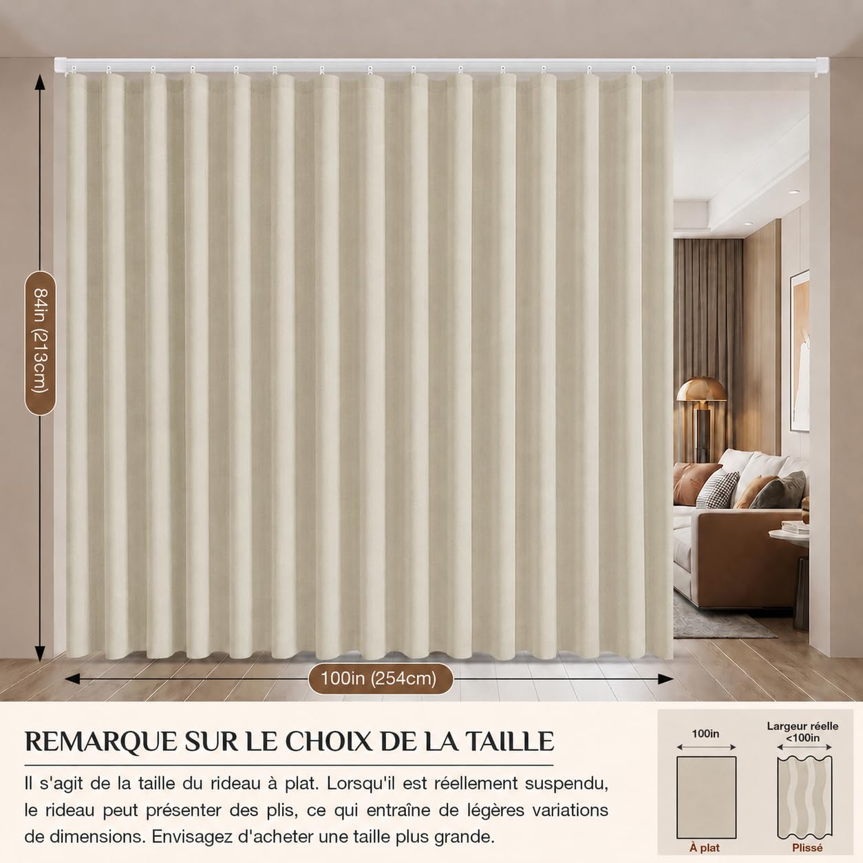 254 cm Extra Large Rideau Séparateur de Pièce avec Rail Plafond Occultant | Rideaux Thermique, Kit Complet Rail Pliable Et Rideau, Tissu Occultant Triple Tissage, pour Studio et Bureau (H 274cm, Beige)