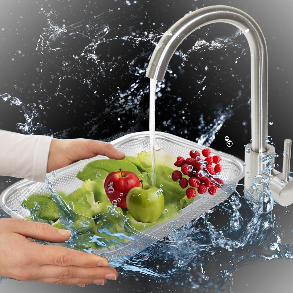 Freshome Square Stainless Steel Collander (Size: 30X22) for Washing Rice, Fruits, Vegetables and Grains to Filter Easily in The Kitchen Bowl Strainer FH-7, 20X15X5 Cm, Silver