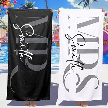 Mr and Mrs Personalized Beach Towels - Custom Mr and Mrs Beach Towels with Name - His and Hers Beach Towel Set - Just Married Groom and Bride Beach Towel for Honeymoon Gift Honeymoon Travel