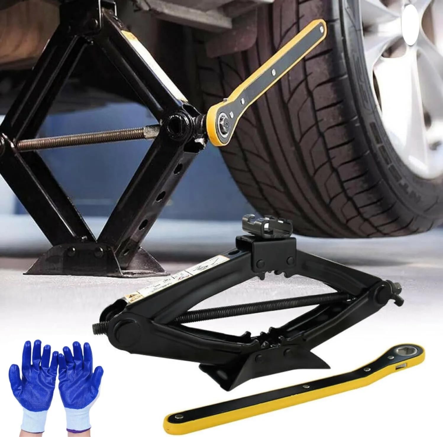 Cric Auto 2T, Cric a Forbice, Sollevatore Auto a 360°, Testa di Attività con Chiave a Cricchetto, per Auto Familiare Auto Suv