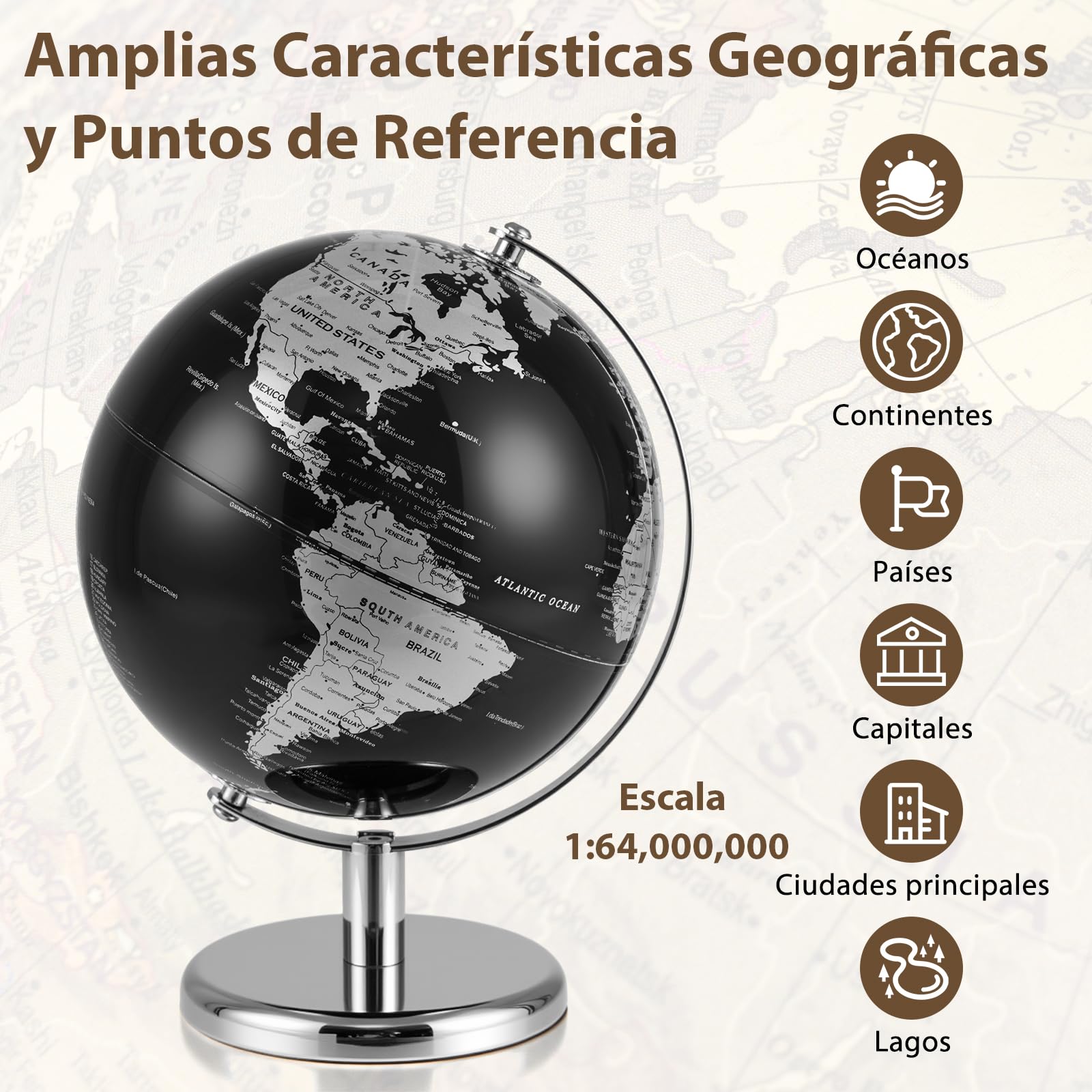 GOPLUS Globo Terráqueo Moderno Negro con Detalles Dorados/Plateados, Soporte Metálico, Base Antideslizante, Zona Horaria, Globo Terráqueo Decorativo de Mesa para el Hogar, la Oficina (Plata)