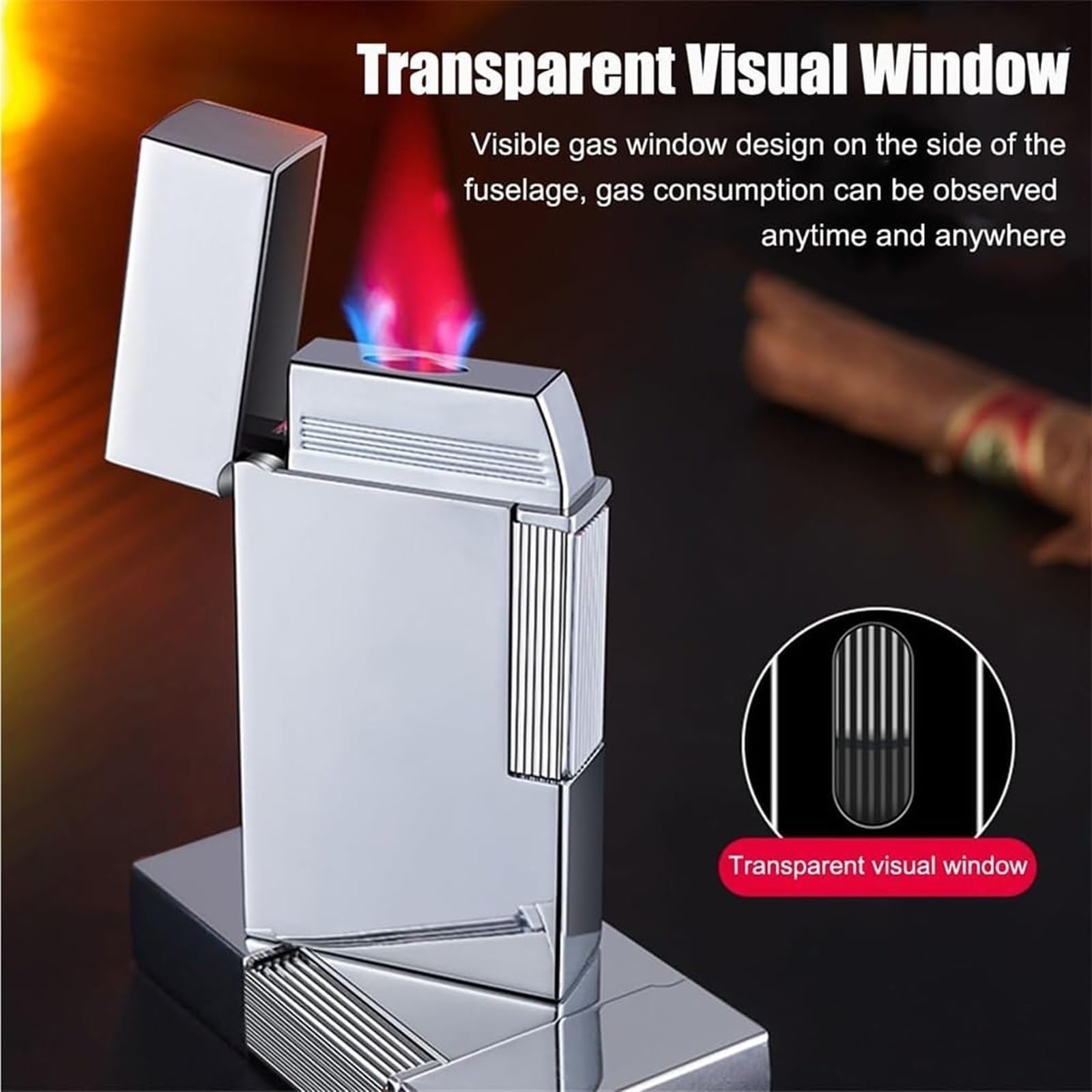 Briquet tempête butane réglable avec bouchon à rabat en métal rechargeable Idéal pour l'extérieur Idée cadeau pour homme Design classique