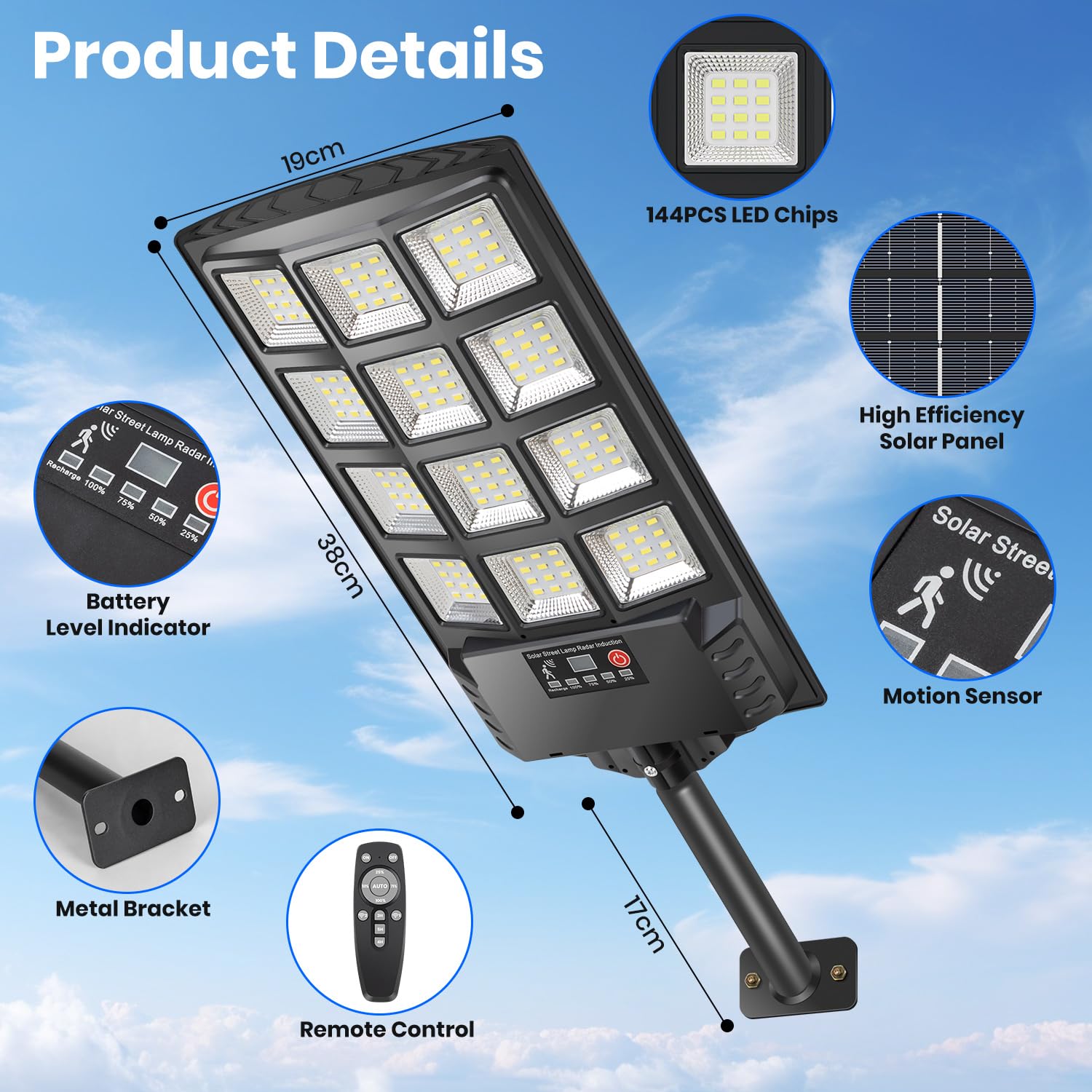 Farolas Solares Exterior 400W, 6500K Potente Foco LED Solar con Control Remoto, IP67 Impermeable Farola Solar Sensor de Movimiento, Lámpara Exterior Luz de Seguridad Jardín Patio, 1 Pack