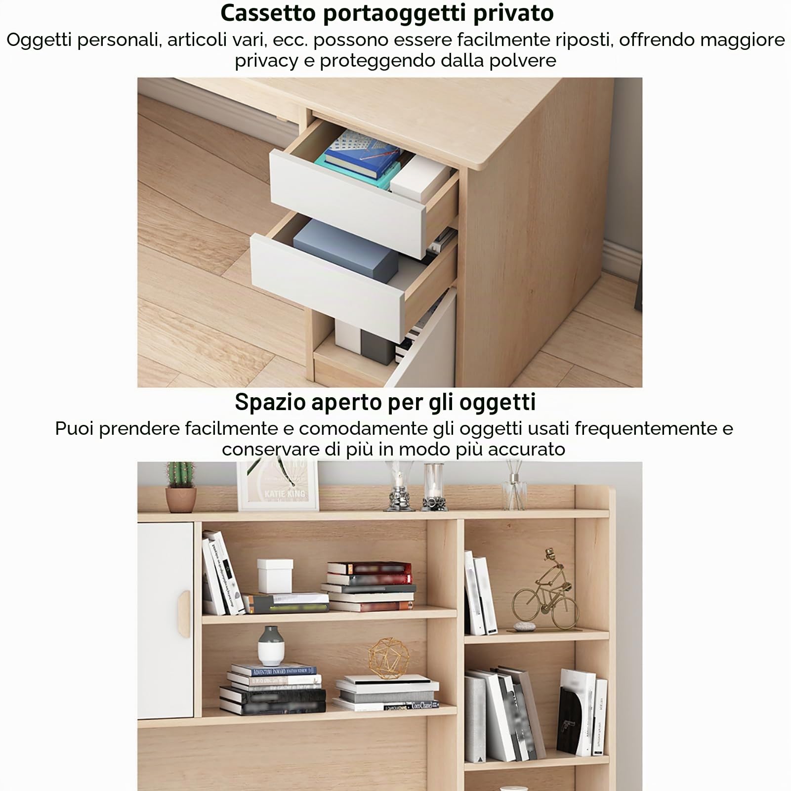 Tavolo da Scrittura Moderna con Ripiano, Tavolo da Studio Postazione di Lavoro con Credenza e Libreria, Scrivania per Computer in Legno con Cassetti per Casa/Ufficio