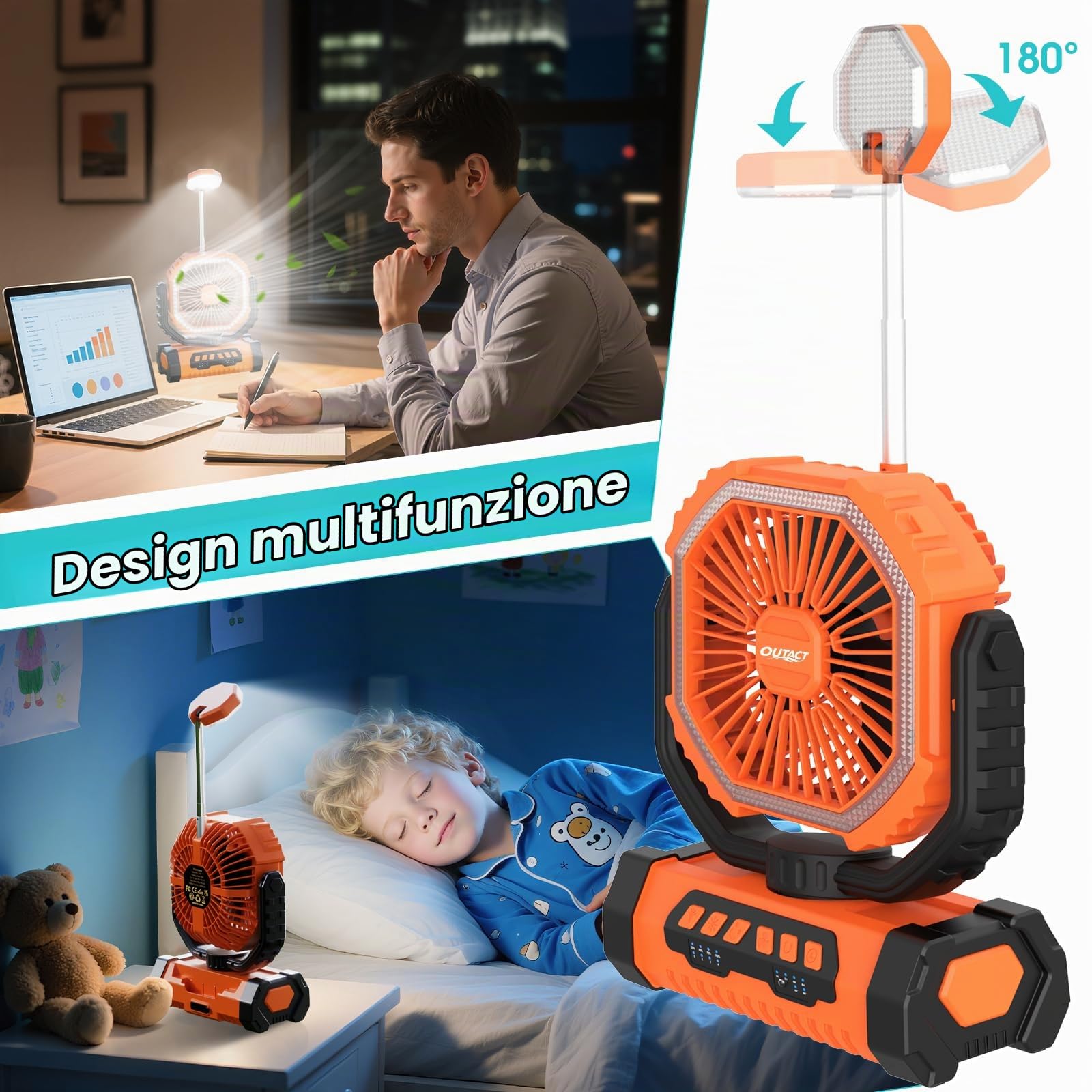 Ventilatore Campeggio 20000mAh con Luce LED, Ventilatore Portatile Ricaricabile con Gancio e Telecomando, V-entilatore USB Scrivania per Esterno Tenda Spiaggia Allaperto - Arancia | Ventilatore Portatile Ricaricabile con Gancio e Telecomando, V-entilatore