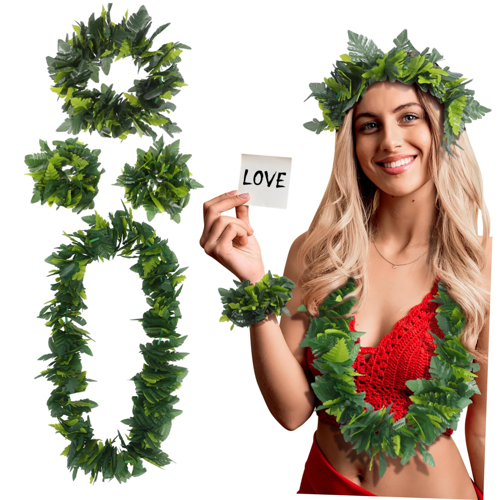4Pcs Hawaiian Tropical Decoration Set, Realistic Fern Green Leaf Garland with Headband, Necklace and 2 Wristbands