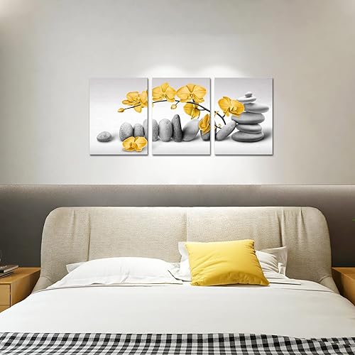 Miniatura 5 de Artmyharbor Arte de pared de orquídea zen, imágenes de flores amarillas, para baño, piedra gris, para sala de meditación de spa, 12 x 16 pulgadas