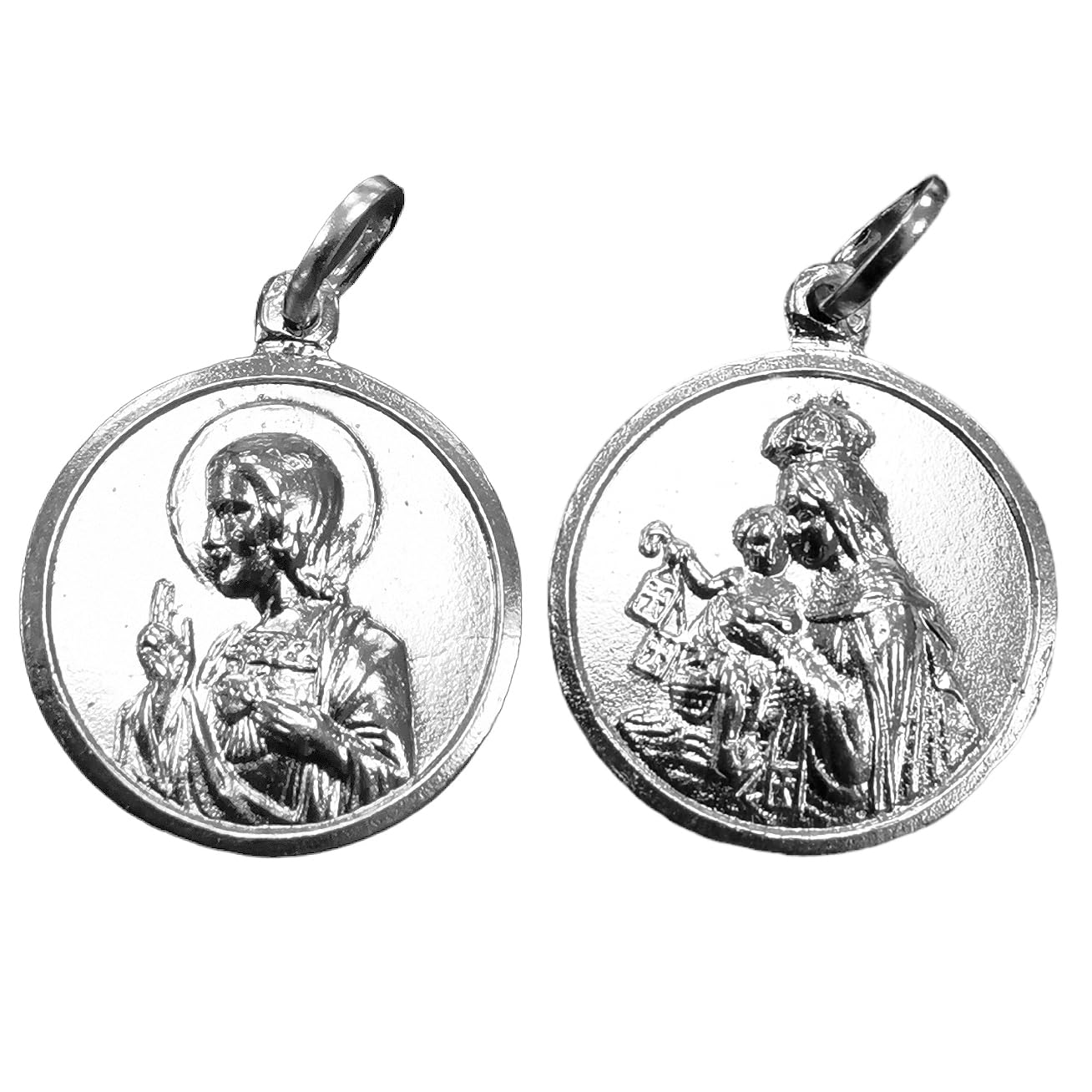 Medalla Escapulario Plata Ley. 19mm diametro. Virgen del Carmen y Sagrado Corazon de Jesus