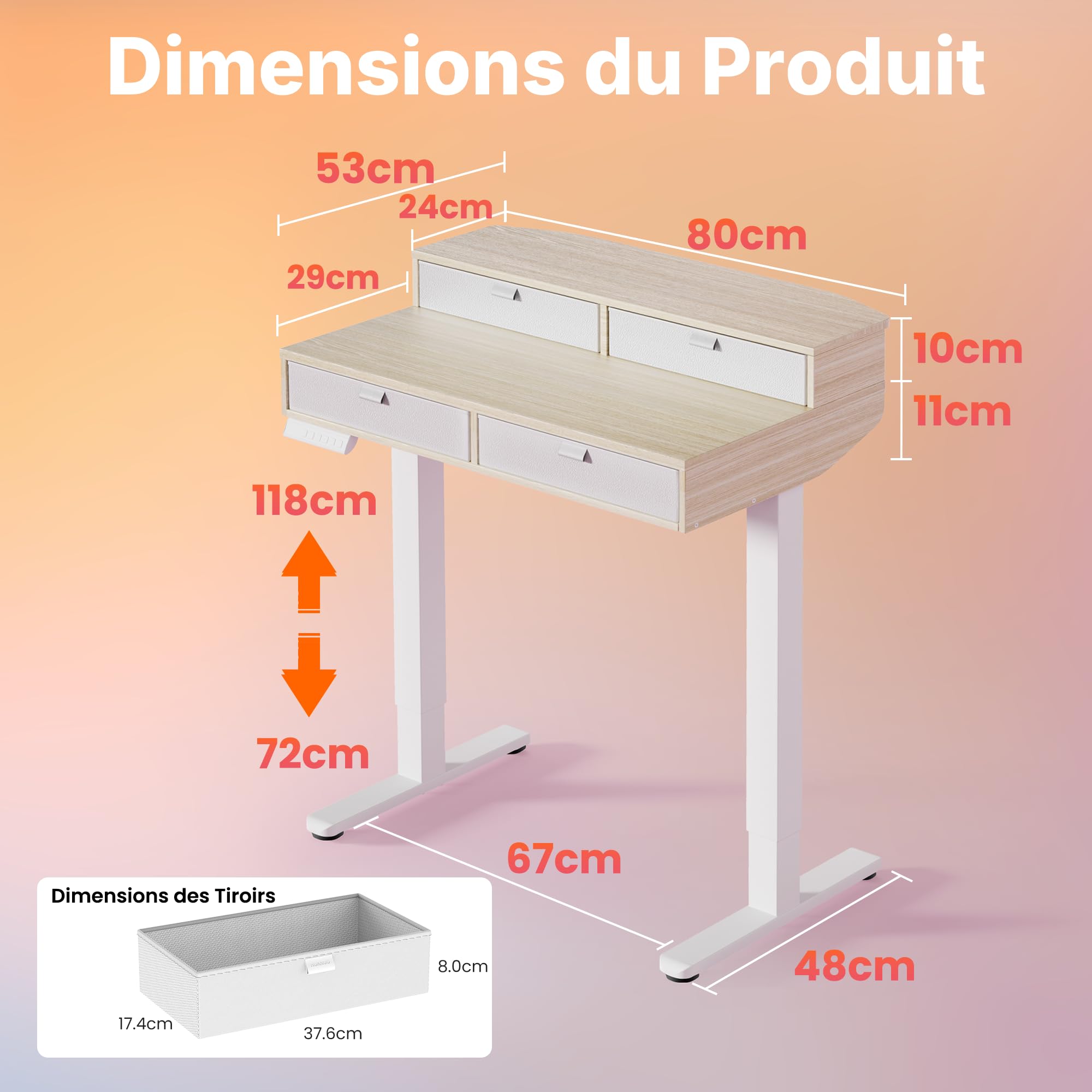 HUANUO Petit Bureau Assis Debout Tiroirs 80 x 53 cm Réglable Hauteur