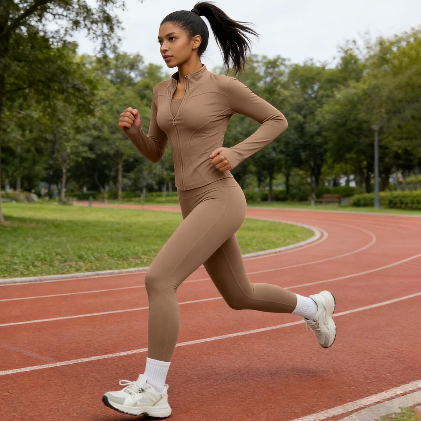 Set da palestra da donna, 2 pezzi, a maniche lunghe, con cerniera, con leggings nascosti, set da allenamento a vita alta, leggings morbidi e aderenti, per pilates, yoga, jogging, abbigliamento