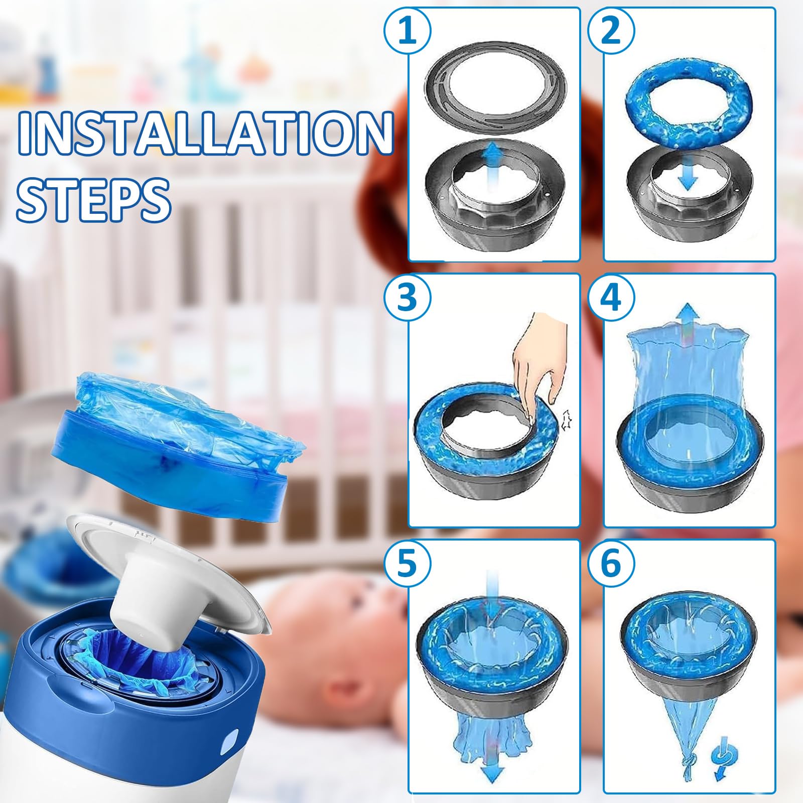 12 Piezas Recambios Cubos de Pañales, 4,5M Papelera Pañales Bolsas Bebe Compatible con el Contenedor de Pañales Tommee Tippee Sangenic Tec Simplee Sangenic Twist & Click Papelera