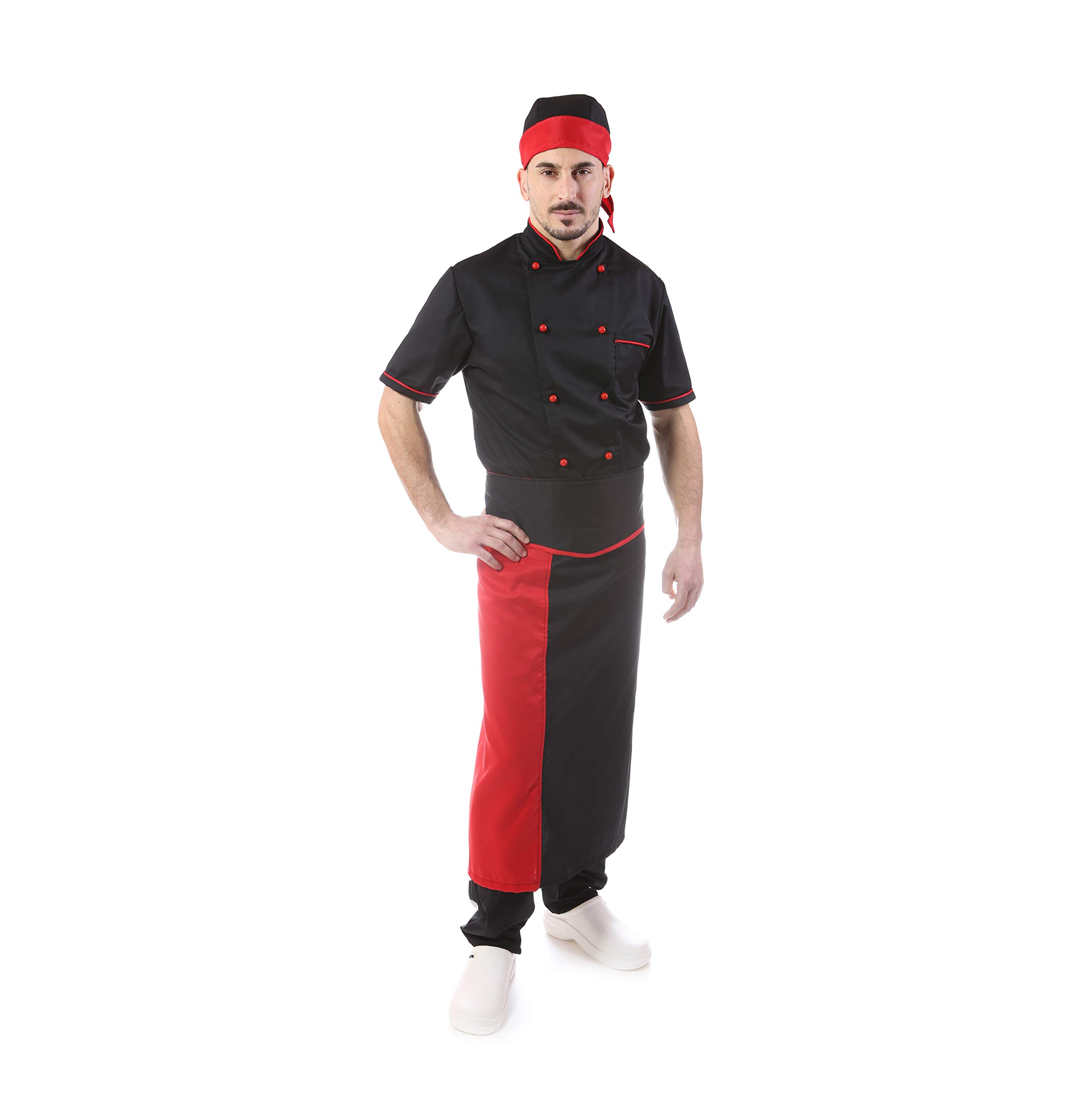 RICAMO GRATUITO - Completo Cuoco e Chef Nero - Profili Rossi - Uomo - 4 PZ - Giacca Manica Corta, Pantalone, Davantino e Bandana - Divisa per Cucina e Ristorante - Made in Italy