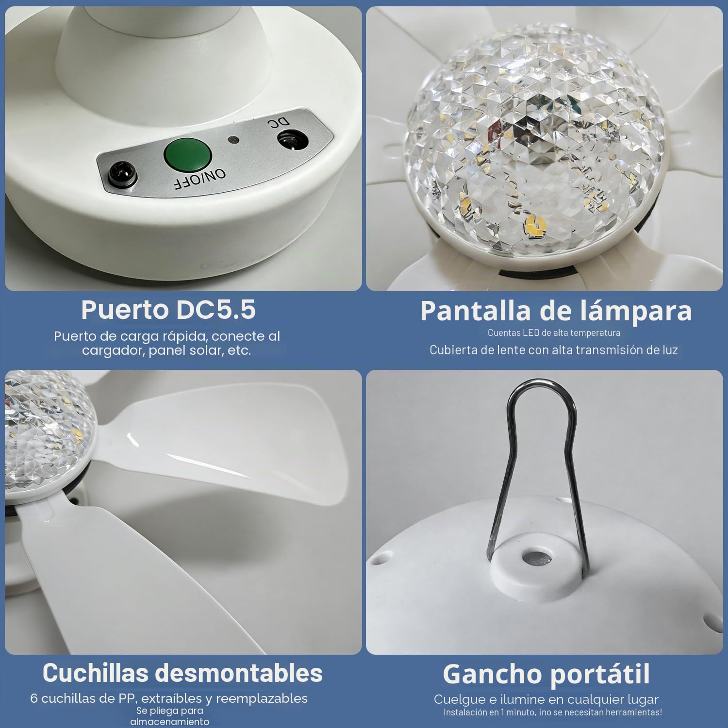 Ventilador de techo solar KZT con iluminación y control remoto LED, ventilador de batería regulable, lámpara de techo de tres velocidades ajustable para jardín al aire libre, cenador, sombrilla