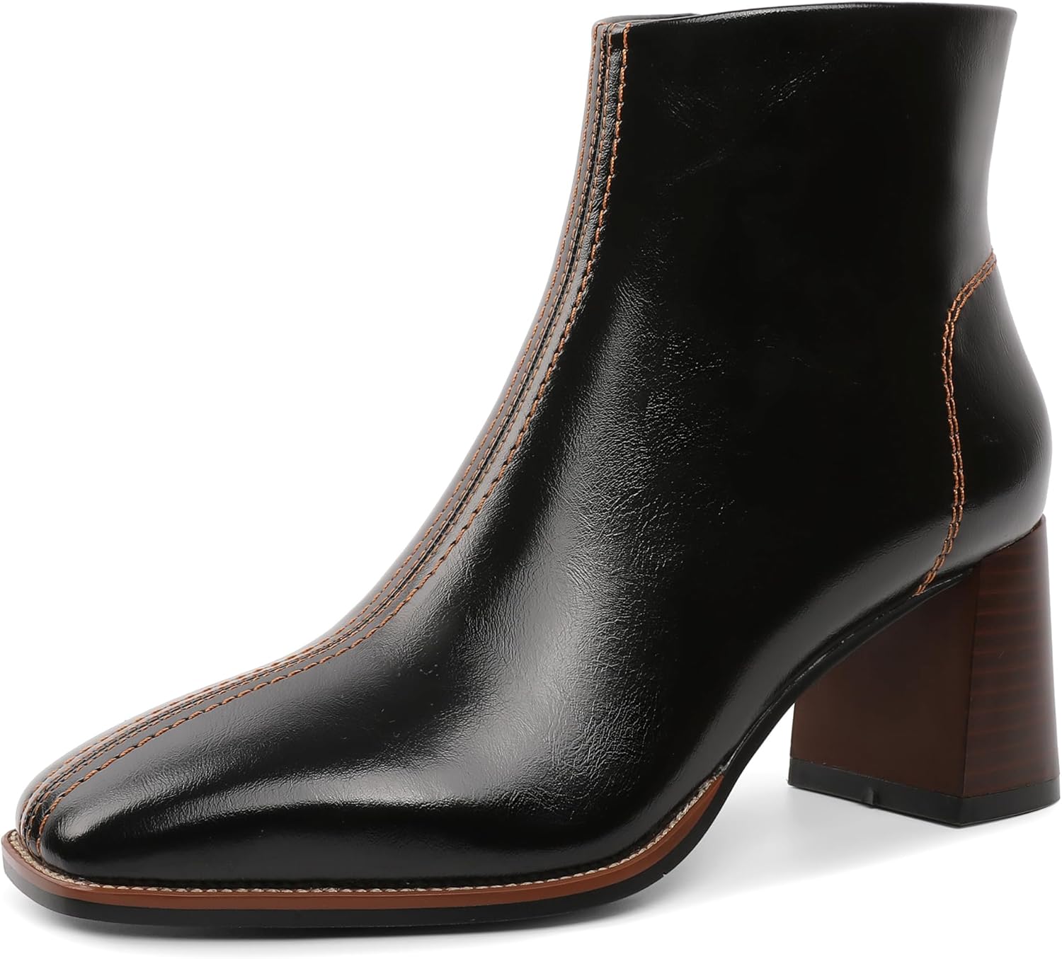 Ankle Boots for Women Block Stacked Heel Chunky Square Toe Side Zipper 2.5 Inches Comfortable Short Booties