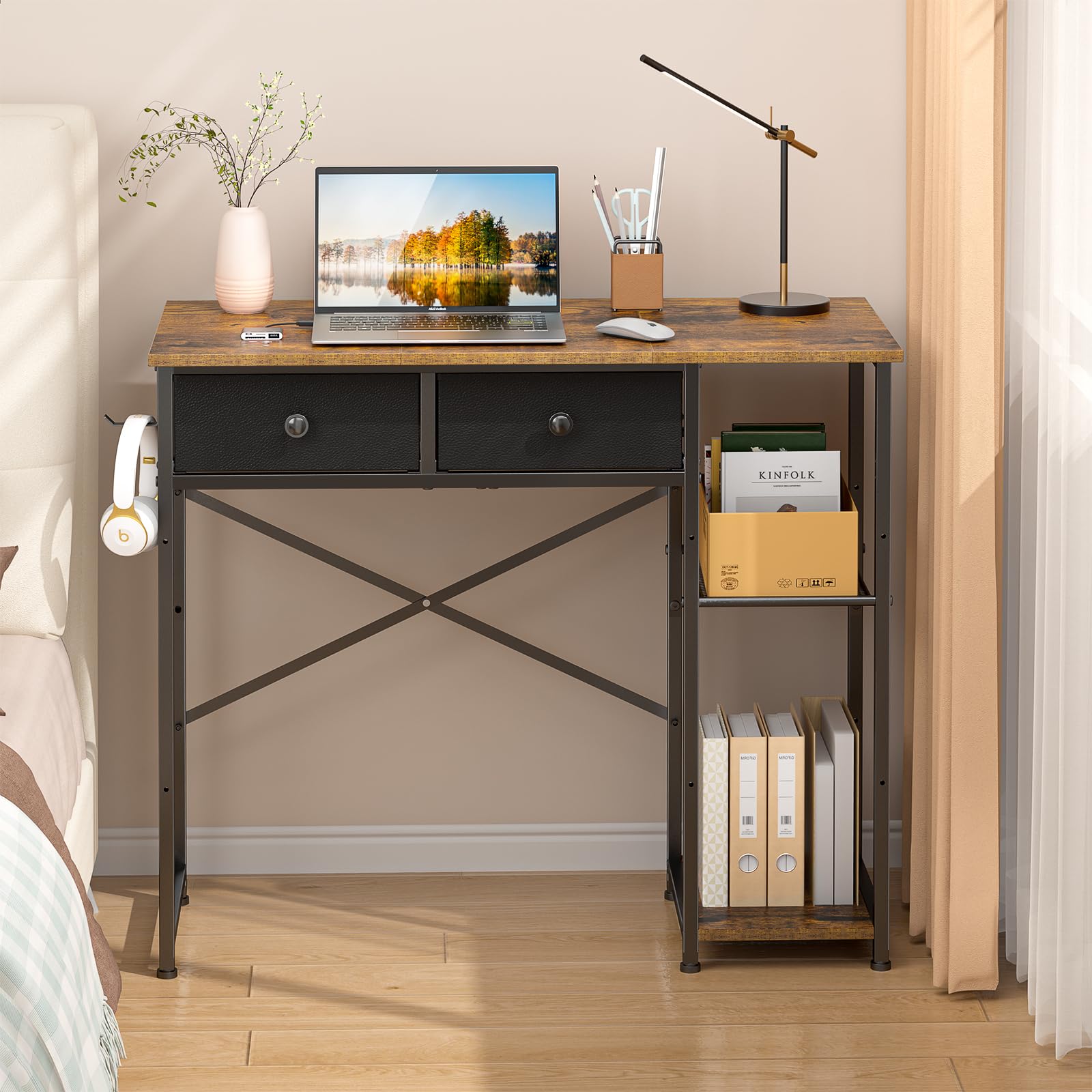 DAOUTIME Small Computer Desk, 36 Inch Writing Desk with Drawers & Storage Shelves, Home Office Writing Desk for Small Spaces, Bedroom, Living Room,