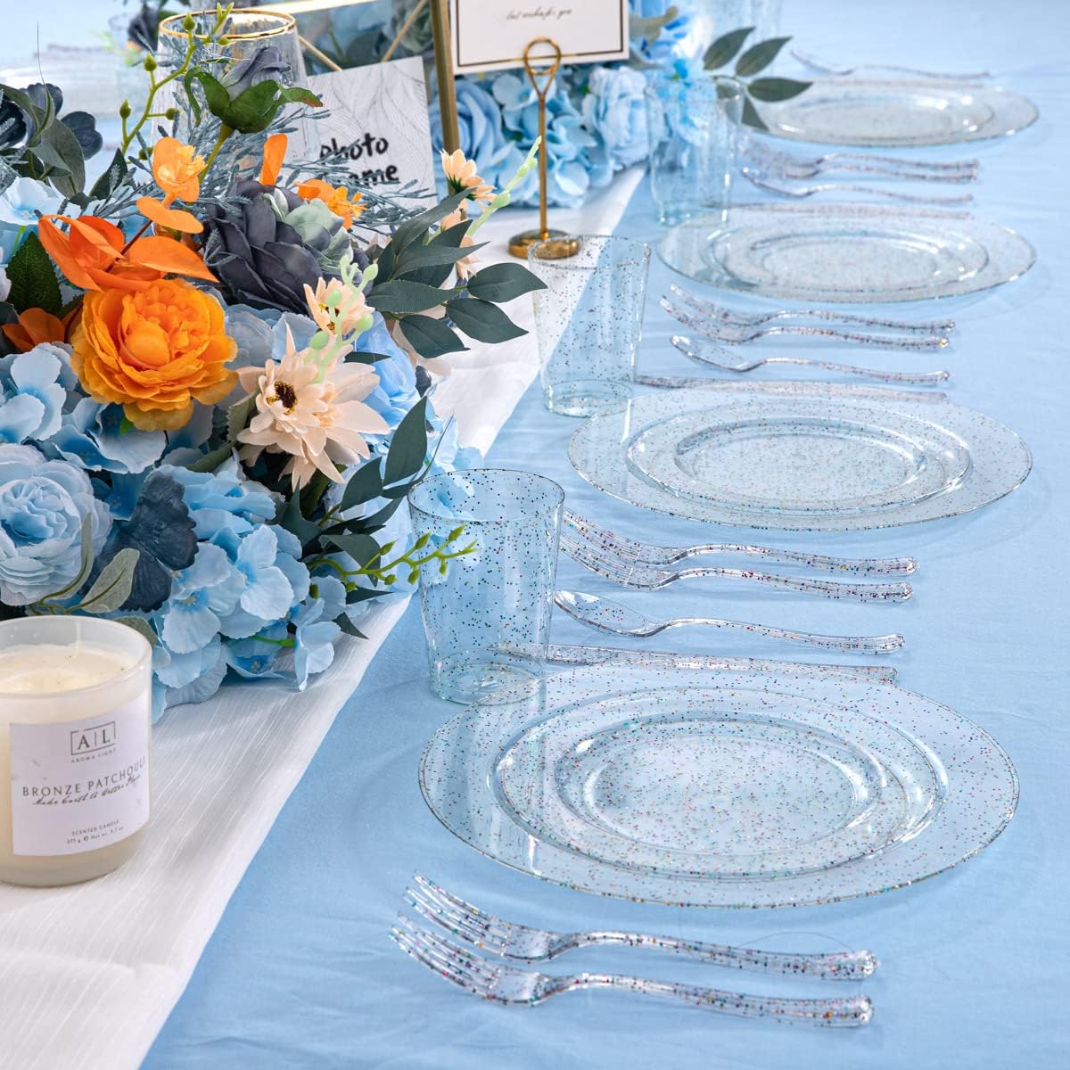 Rubtlamp 180PCS Glitter Plastic Plates with Glitter Disposable Silverware, Clear Glitter Plates for 30 Guests Include 30Dinner Platos, 30Dessert Platos, 90Cutlerys, 30Cups for Party image 6 of 7 B09HQN26WM