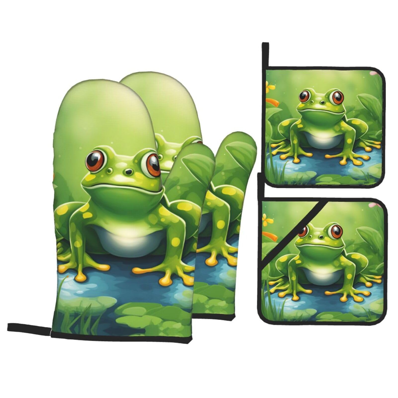 Nimongt Black Cartoon Frog 1 Print Heat-Resistant 4-Piece Oven Kitchen Gloves For Baking Cooking Microwaving Essentials