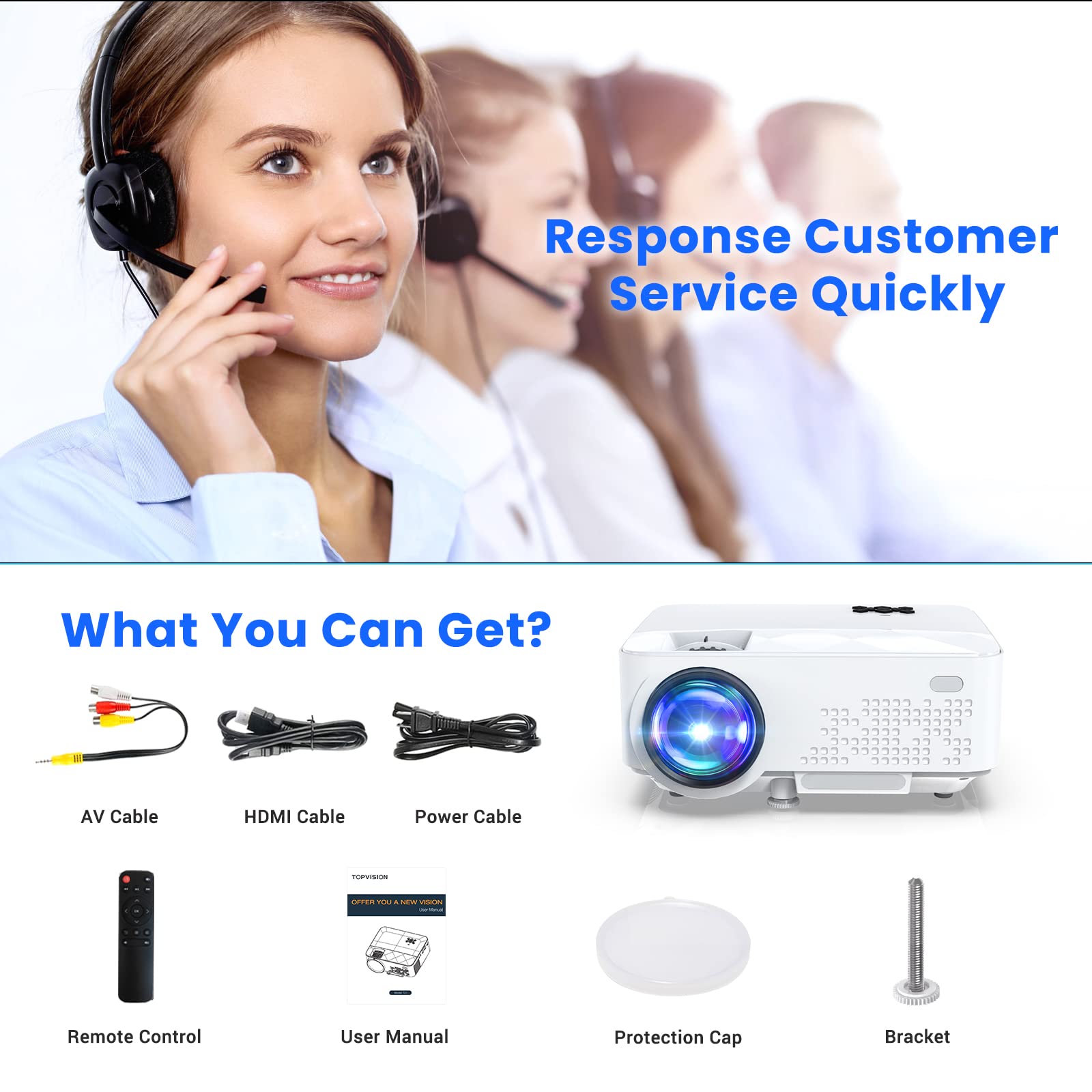 HOPVISION Mini vidéoprojecteur - 7500 lumens, 1080p Full HD, LCD, Home cinéma, extérieur, USB & HDMI, Portable, écran 240", Lampe de 60 000 h