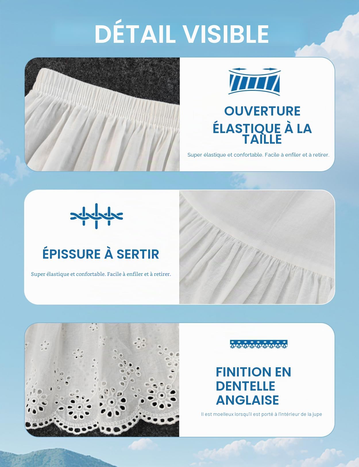 BEAUTELICATE Jupon sous-Jupe sous-Robe Lingerie en Pur Coton avec Volant Broderie Anglaise Ample Grande Taille De Femme Fille Été Mi-Longue Longue Ivoire