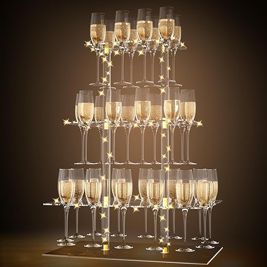 Champagne Display Holder Stand for Party With 32 Slots, Cocktail Tree Stand for Drinks 3 Tier Clear Acrylic Wine Glass Stemware Display Rack, Champagne Flute Wall Holder with Led Light for Party