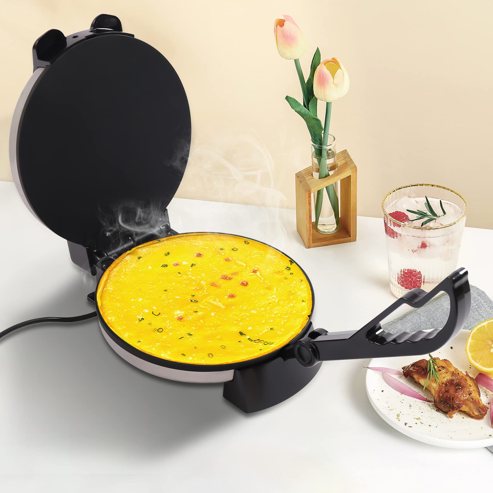 10 Zoll 1800 W Roti Maker, Tortilla Presse, Chapati Maker, Doppelseitige Heizung, Einstellbare Temperatur, Antihaft-Backplatte, Omelette maker, für Omeletts, Pizza, Tacos, Quesadillas, 220 V, 200℃