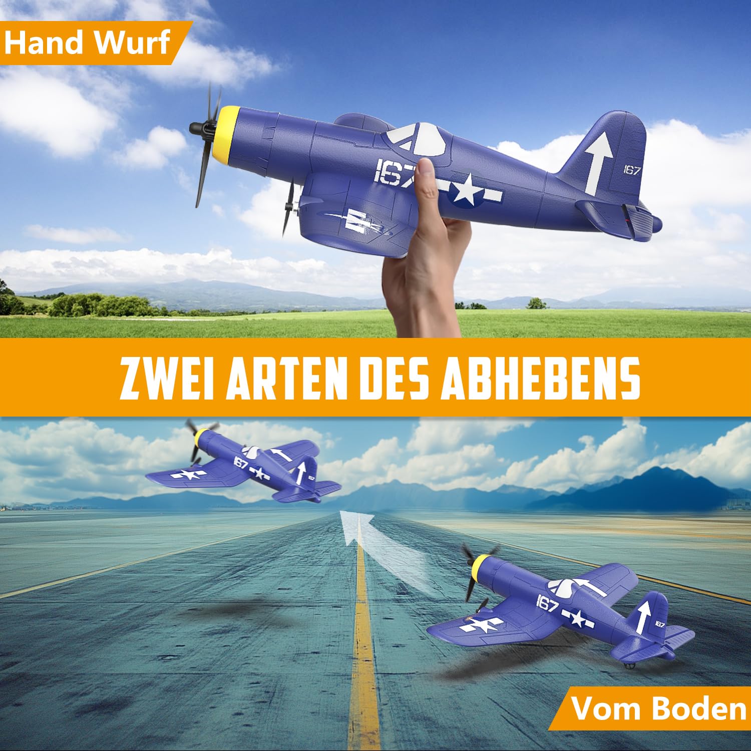 HAWK'S WORK 3-Kanal RC-Flugzeug F4U Corsair, Ferngesteuerter Warbird, Flugfertig, 2.4GHz 6-Achsen Gyro-Stabilisator, Einfach zu Fliegen für Kinder und Anfänger