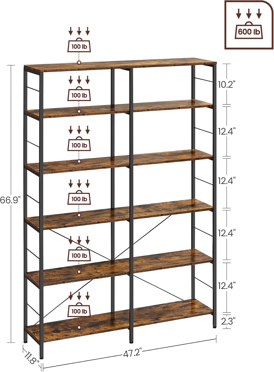 Diagram illustrating the dimensions of the VASAGLE 6-Tier Tall Bookshelf, including overall height, width, depth, and individual shelf heights, along with weight capacity per shelf.